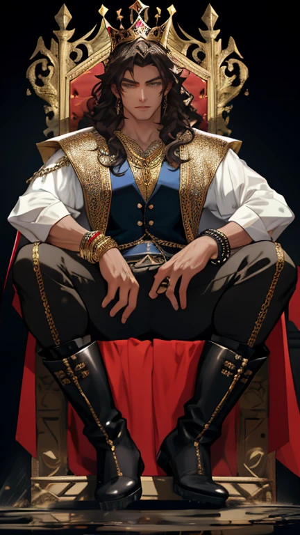 Handsome young adult, strong, silky curly dark brown hair, sitting arrogantly on a throne made of black stone decorated with many gems of gold, blue and red color, wearing a white king's cape with gold, a black chainmail shirt , an open shirt. A vest showing his toned torso, black pants and muddy boots, a white bracelet on his left hand, a chain bracelet on his right hand and a crown made of black gold, he is surrounded by an evil and heavy aura.