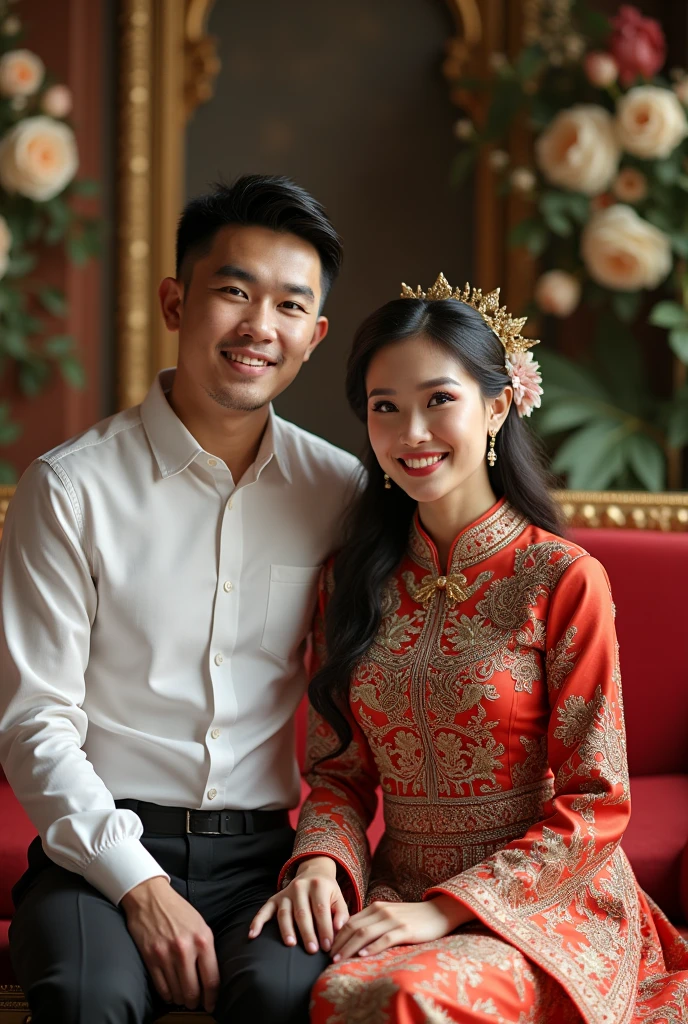 A realistic image of an obese man and woman couple with beautiful and handsome faces..(((There are no two men. There are no two women.))), Wearing a golden traditional Thai dress at a wedding ceremony in a studio..,The woman is wearing Thai silk with a golden sash that has intricate patterns. She has no crown.. , A man wearing a golden cloth., The pores can be clearly seen. ,The backdrop is an ancient Thai tourist attraction., Clean white brochure. Comfortable body with high resolution photos,Don&#39;t wear a crown..,Don&#39;t close your eyes.,beautiful light, Soft eyes.