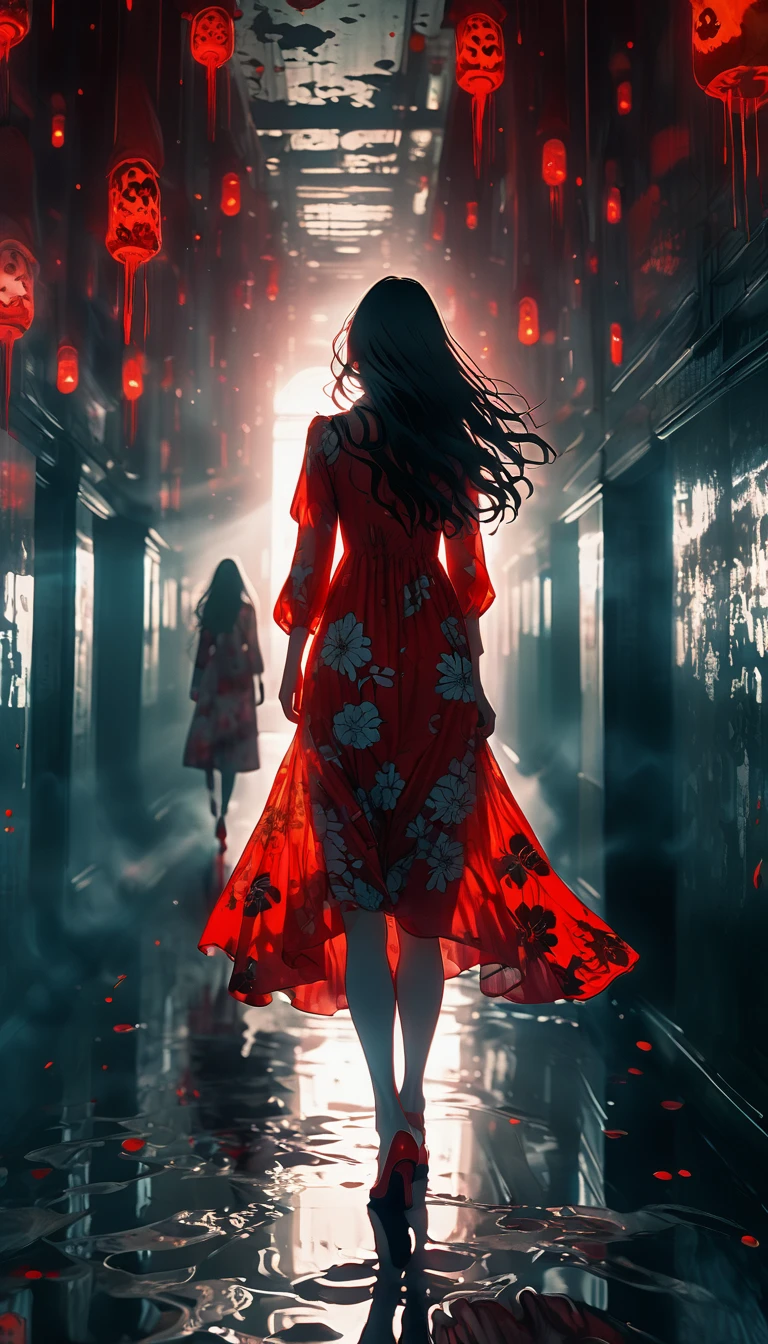 The model remains the same、Red floral dress、Surreal horror, Red Shoes、Anime Style, Supervised by Junji Ito, Long Hair、High Contrast, Vibrant colors, Spooky atmosphere, psychological tension, Complex line drawing, Nightmarish creatures