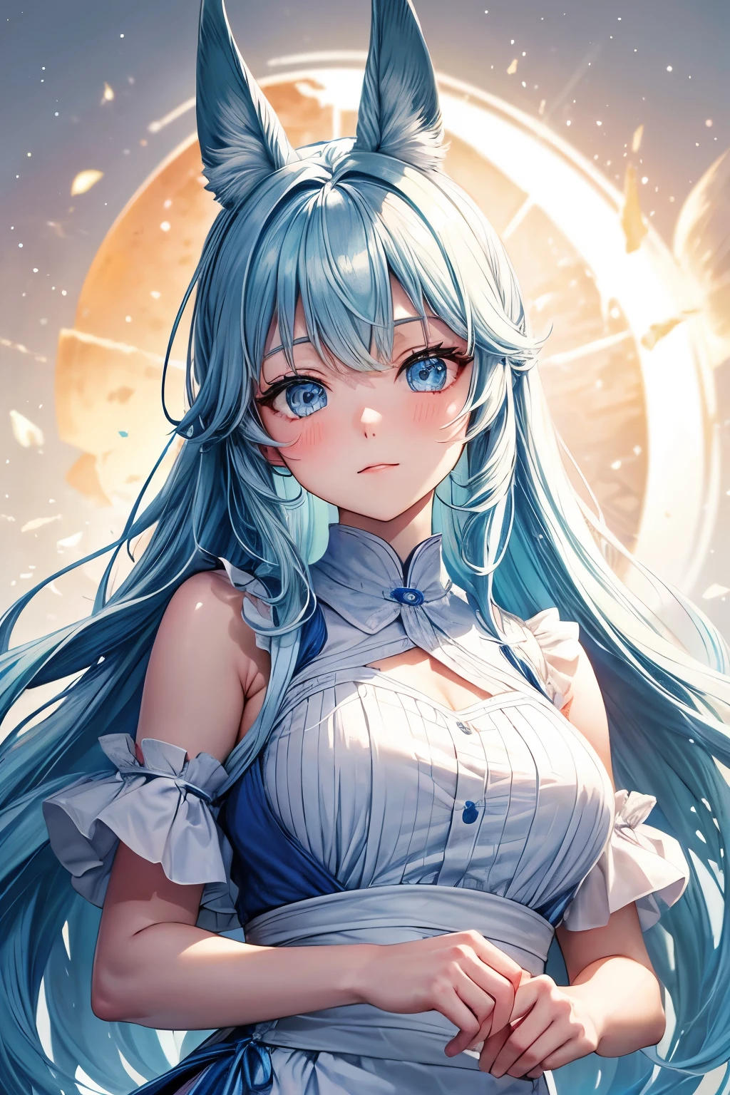 Chica de anime con cabello largo y rosa sosteniendo un conejo blanco, Lindo anime waifu en un bonito vestido, Muy hermosa chica gato anime