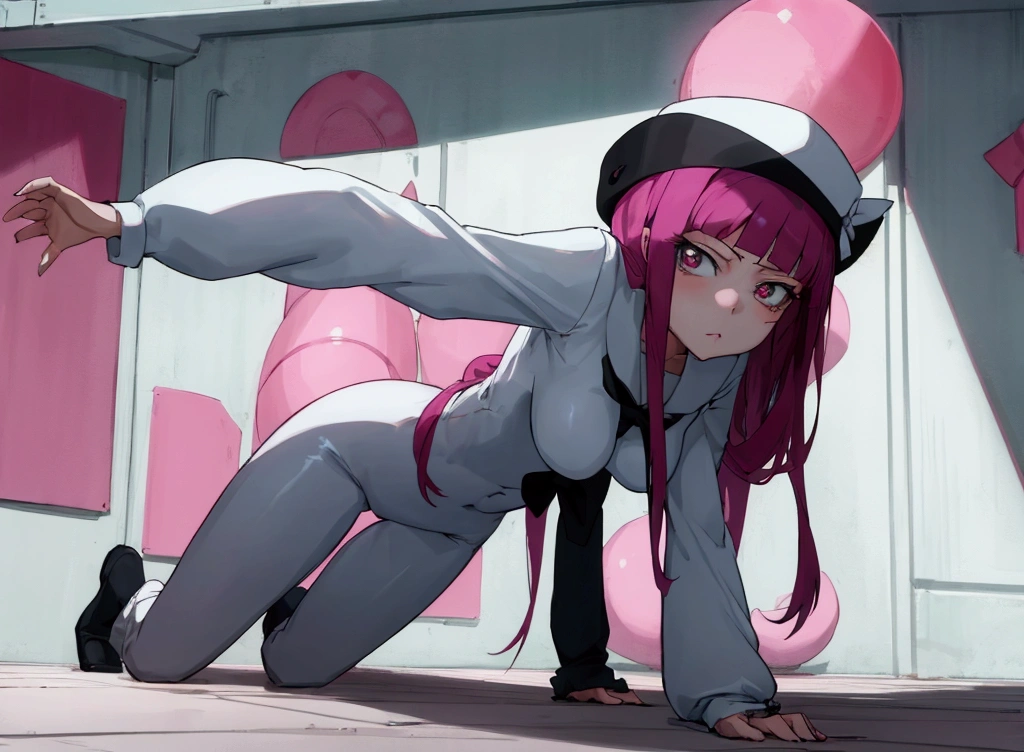 The girl shows her pussy to me, attention to the viewer, Riruka Dokugamine in a hat, stands on all fours sticking out his butt and hips 