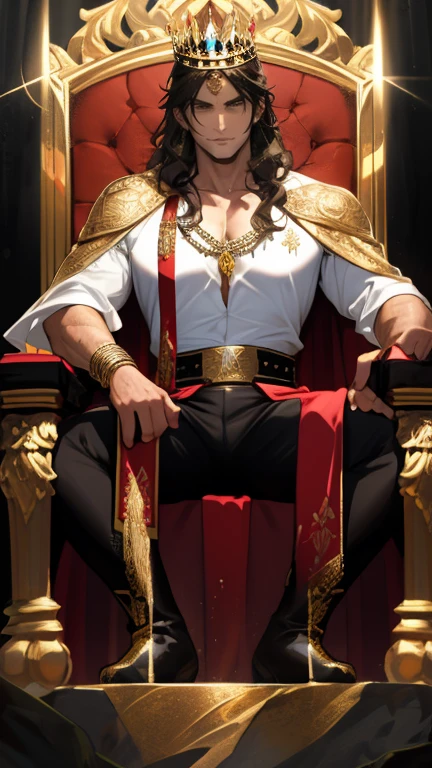 Handsome young adult, strong, silky curly dark brown hair, sitting arrogantly on a throne made of black stone decorated with many gems of gold, blue and red color, wearing a white king's cape with gold, a black chainmail shirt , an open shirt. A vest showing his toned torso, black pants and muddy boots, a white bracelet on his left hand, a chain bracelet on his right hand and a crown made of black gold, he is surrounded by an evil and heavy aura.