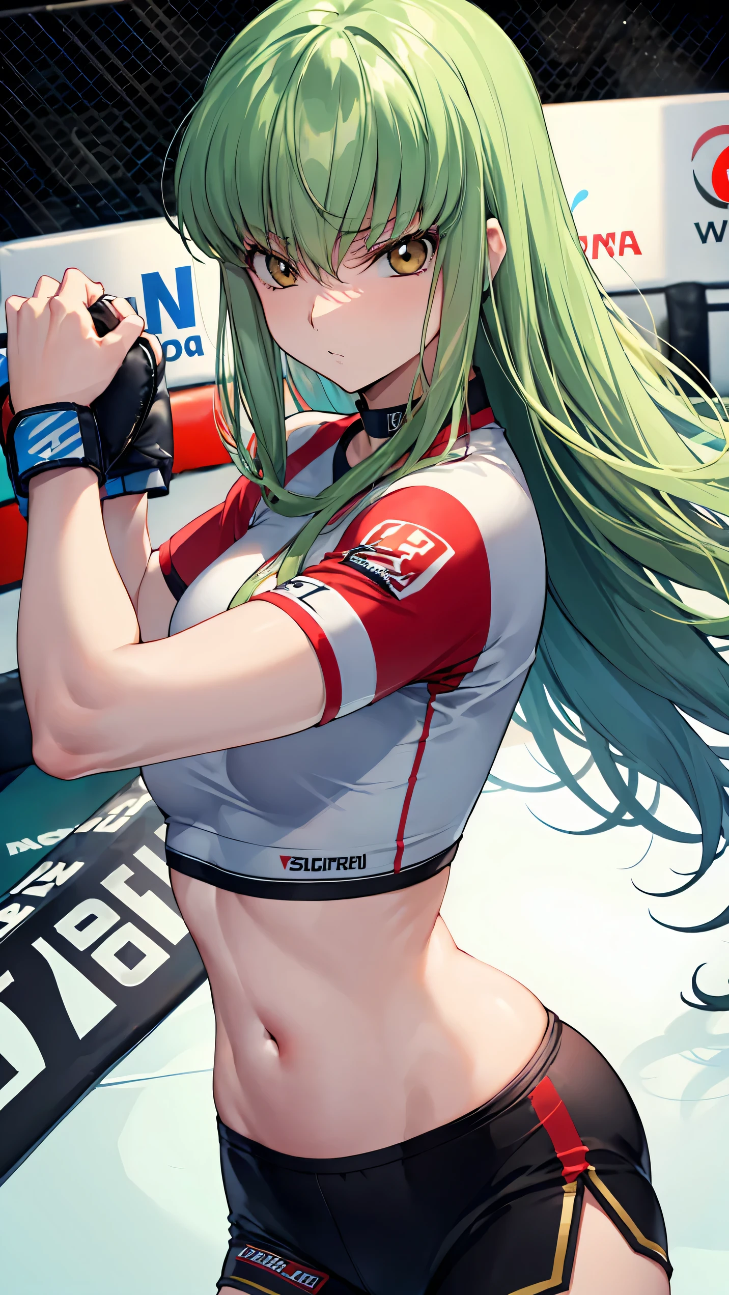 CC_Code Geass, Hair between the eyes, Very long hair 1 person, Bright light, glaring, alone, upper body shot, From above, Fighting, (masterpiece, Highest quality), 8k, Intricate details, (on MMA Arena :1.5), (wearing MMA uniform:1.5, white tops and black bottoms:1.3), belly button,Slender body,Slim,((Highest quality)), Sharp focus: 1.2, Highly detailed face, Highly detailed eye,Toned stomach,on front, front view,Fighting Pose,