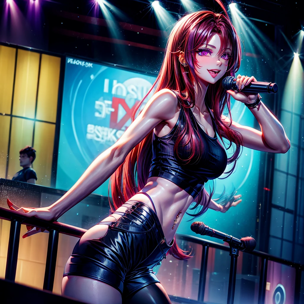 splash art, original art, 1 women, 4k, ((low pov)), low shot, low angle, ((dynamic angle)), ((visual effect)), ultra realistic, dark environment with neon lighting, neon, big stadium concert venue, singer, rockstar, concert, beautiful lighting effect, sexy, (((seductive))), speed movement, magic, ultra detailed, red medium hair, sexy black dress, strapless tube top dress, beutiful pose, cinematic, action.