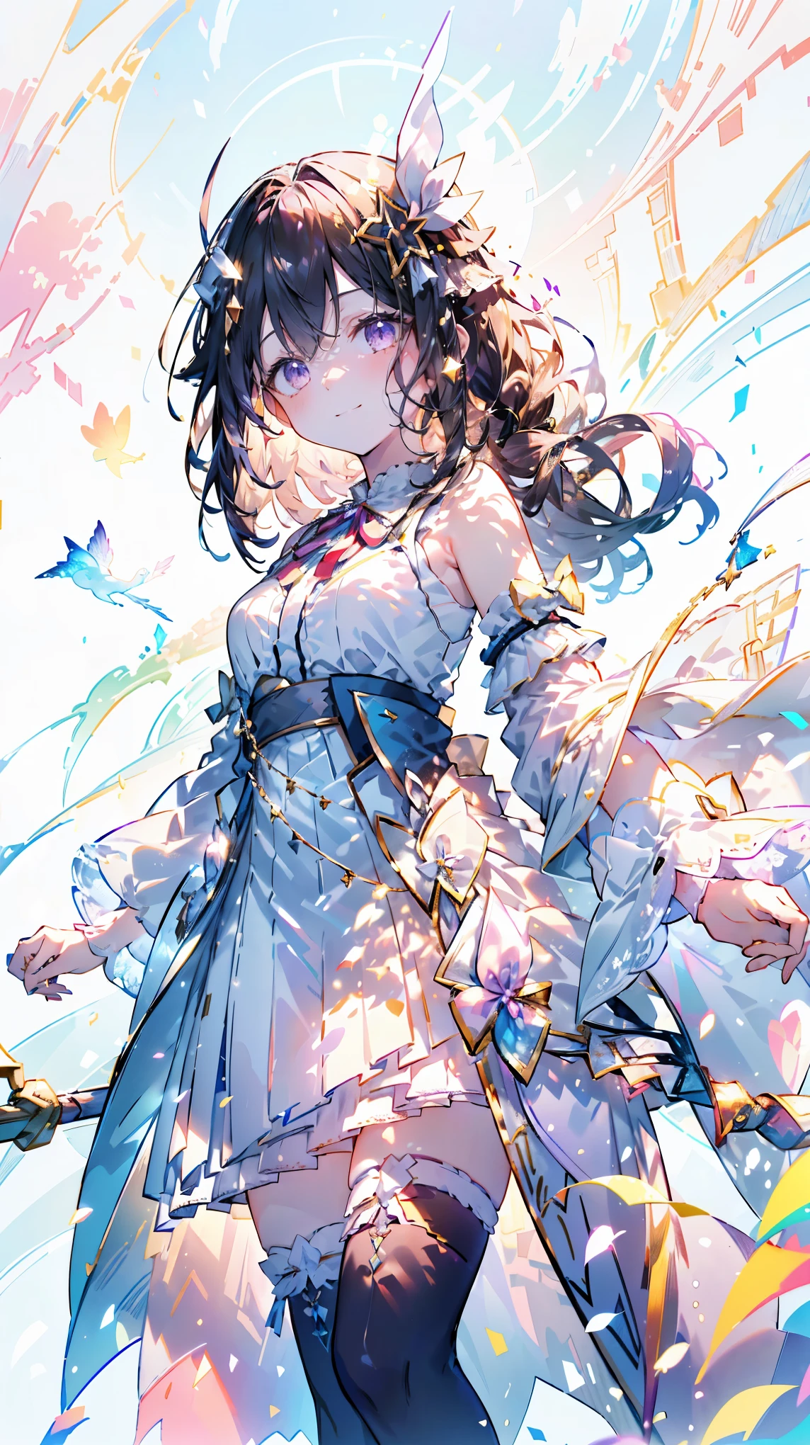 (Highest quality, masterpiece, Very detailedな, Very detailed, Exquisite, 16K,Full HD),(White Background:1.5),A little closer,(Dramatic lighting,pastel colour),smile,(seems to be happy)grab the hem of the dress,sun光,grassland,null(Floating in the air),Soft lighting, ((alone:1.5)),(晴れ渡ったnull,青null,rainbow,sun,午前のnull,sunny),Gentle breeze,Magical Forest,flower,wood,flower畑,葉っぱとflowerびらが舞う,From above,((head shot)),画面いっぱいのflower,(Fairy Princess, Purple eyes, Long eyelashes,White skin,slim,pale pink plump lips,Pale pink cheeks, The wind is blowing,(腰の少しFrom above巨大な妖精の羽:1.5),sunの光に反射した,sunの魔法,flowerのティアラ,Diamond Earrings,Diamond Choker,(Narrow waist,Fluffy white ball gown dress, Lace and frills),(smile:1.2), (Fantasy, Romantic atmosphere:1.2), ts1, white shirt, Blue Vest, sleeveless, blue thighhighs, blue skirt, waist cape, wrist cuffs, leg ribbon, neck ribbon, midriff, breasts