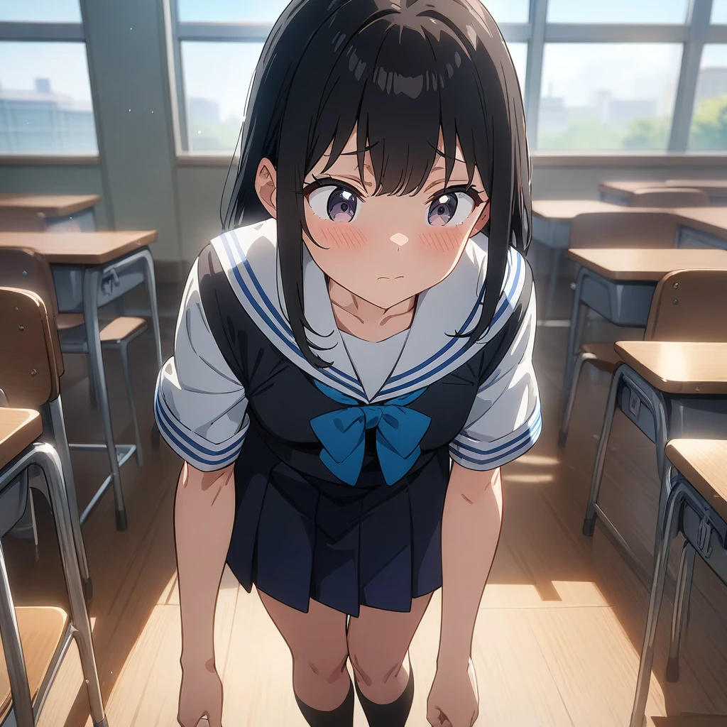 nsfw,alone, (One girl),  girl,8-year-old, ((Whie ies))wearing only the top half of sailor school uniform), Sailor with un-folded hems,  sexy, (Cowboy Shot),  ((Put your arms behind your head)), classroom, With a girl：hair is black and short, Her face is round and cute, Black Hair, Low twin tails,(Shy, Embarrassing),(Sit on a chair)、Spread your legs、M-shaped legs、