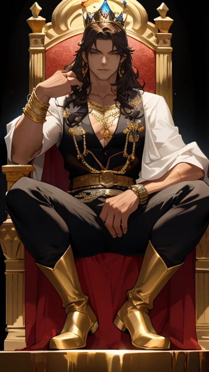 Handsome young adult, strong, silky curly dark brown hair, sitting arrogantly on a throne made of black stone decorated with many gems of gold, blue and red color, wearing a white king's cape with gold, a black chainmail shirt , an open shirt. A vest showing his toned torso, black pants and muddy boots, a white bracelet on his left hand, a chain bracelet on his right hand and a crown made of black gold, he is surrounded by an evil and heavy aura, selflessly playing with his ice powers