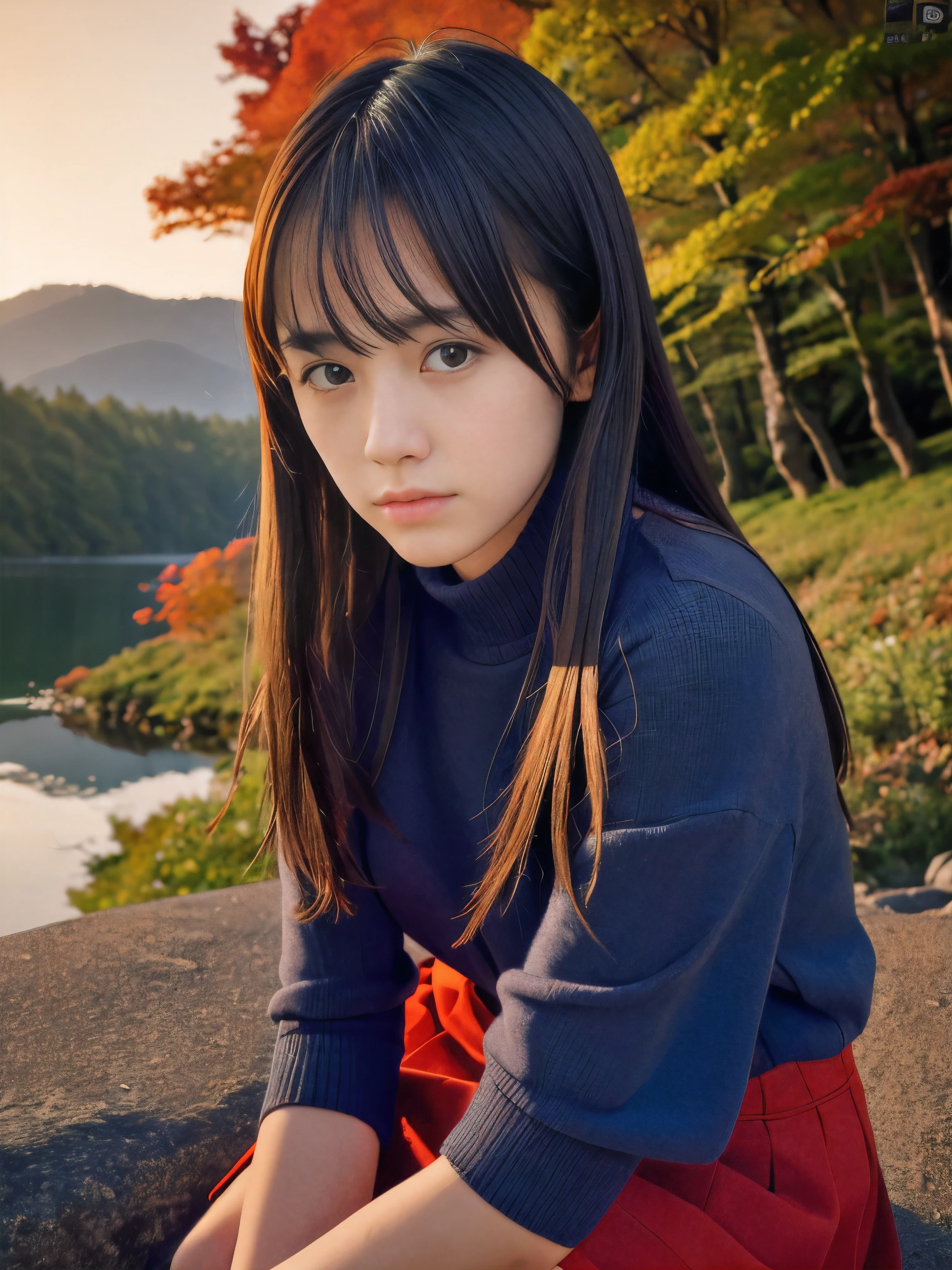 (Close up face shot of one slender small breasts dark silver long hair with swept bangs girl in a long sleeves shirt and sweater and skirt:1.5)、(One girl is looking down with lonely crying face on the dart road near the lake and big waterfall in Japan:1.5)、(Beautiful autumn red leaves and sunset red sky landscape:1.5)、(Natural light:1.5)、(blurred background:1.5)、(8k ultra detailed master piece:1.5)、(perfect anatomy:1.5)、(Photorealistic stick:1.5)、(Raw photo:1.3)、(highest quality:1.5)、(High resolution:1.3)、(Delicate and beautiful perfect face:1.3)、(Delicate and beautiful eye air skin:1.3)、(Real Human Skin:1.3)、((thin legs))
