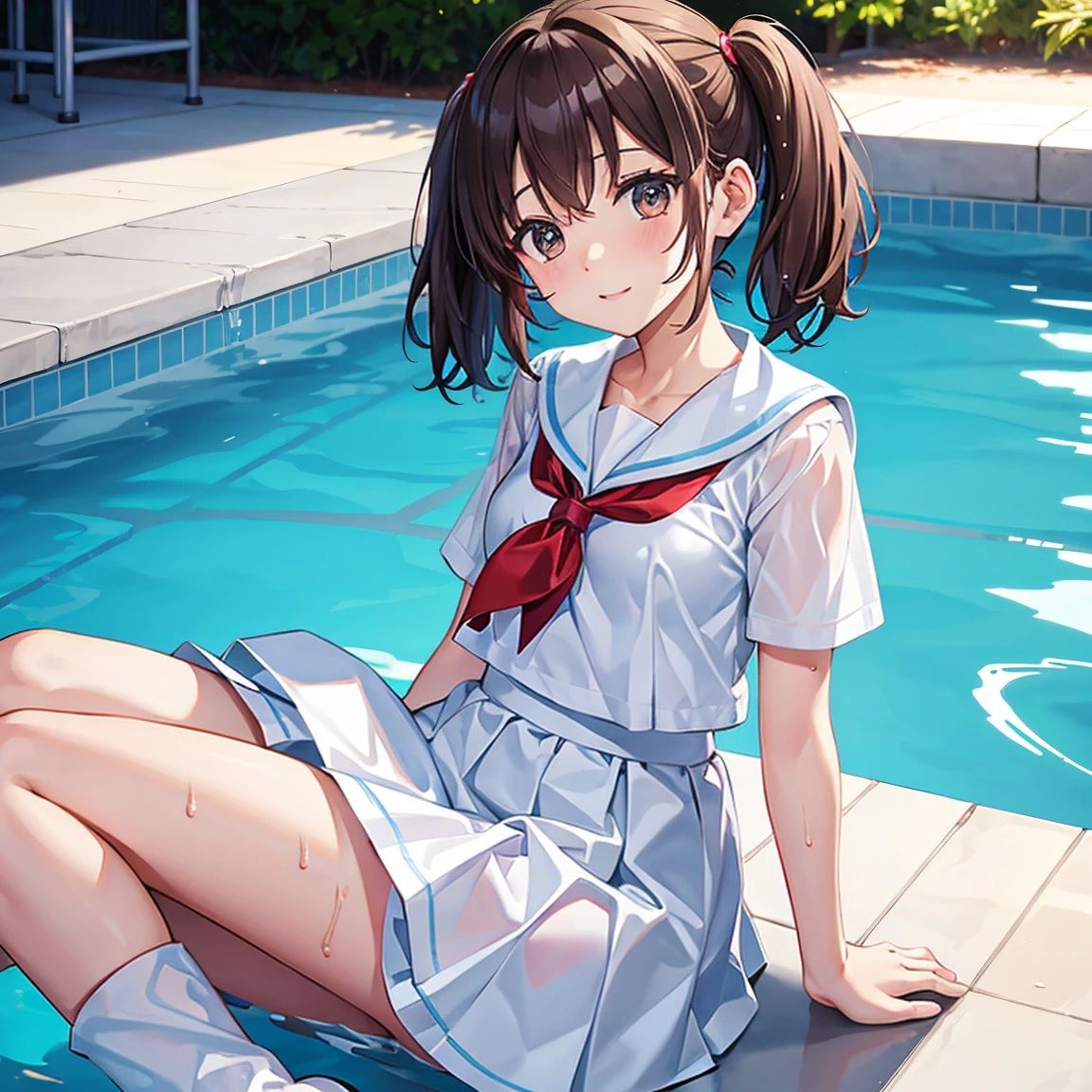 Low - Angle、1 girl, whole body, In the pool, Twin tails, Wet、Gloss、white short sleeve sailor uniform、Wet、Gloss、White long skirt、boots, Red cheeks、Sweat