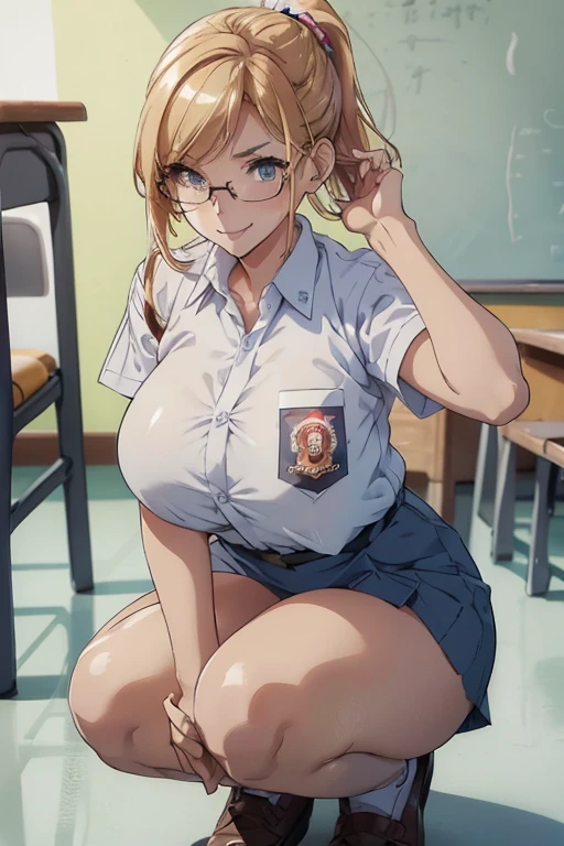 1 woman, , blonde ponytail, plump body, blue eyes, Indonesian high-school uniform, wearing glasses, white shirt, osis logo on shirt pocket, natural big breasts, light-grey pleated skirt, squat pose, full body shot, smiling, in the classroom.