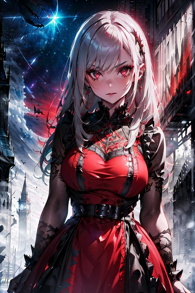 ((((Obra maestra, La mejor calidad, ultrahigh resolution)))), 1girl, standing,), ((long pure brown hair, hair over eye)), long hair cut, shiny skin, ((red eyes)), glowing_eyes, neon eyes, (ultra detailed eyes:0.7, beautiful and detailed face, detailed eyes:0.9), ((centered)), smirk, facing viewer, ((vibrant background, dark lighting, summer, sunlight)), large chested, looking at viewer, ((half closed eyes)), ((perfect hands)), (((head:1, arms, hips in view, elbows, in view))), ((hands behind back)), empty eyes, beautiful lighting, ((outside, outdoors)), defined subject, head tilt, (((gritty)), ((creepy)), ((cool)), ((beautiful)), (((SFW))), hair ornament, petals in the air, moon in the sky, city, mature woman, adult woman, sfw, pink and white dress, night dress, she is a princess