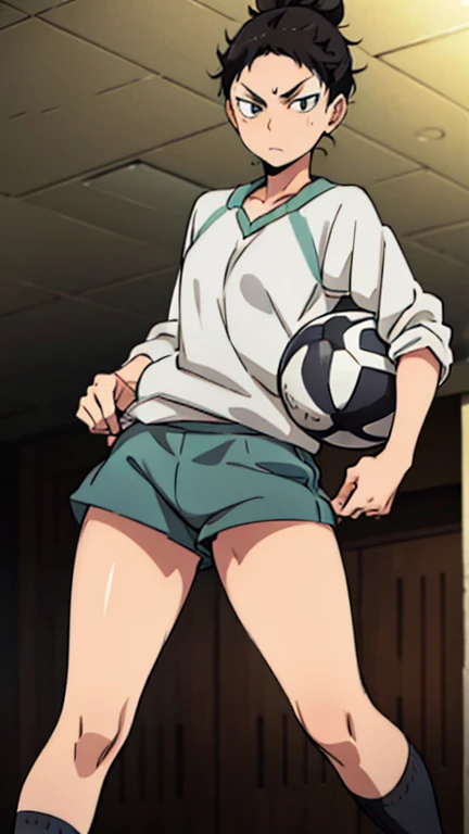 ((chibi, large head,)), dark skin, ((short hair, spiky hair, black hair)), ((loose socks, female gym uniform, red sneakers, long sleeves shirt, latex shorts, red buruma, white shirt, cameltoe)), standing, (((peeing self, wetting self, dark pee stains, puddle))), (blushing, crying, embarrassed expression, open mouth, screaming), full body, closed eyes, track and field background, ((crowded grandstand, audience cheering)),(1girl, solo, female focus), hands on cheeks, oily skin, shiny skin, seen from below, dynamic angle