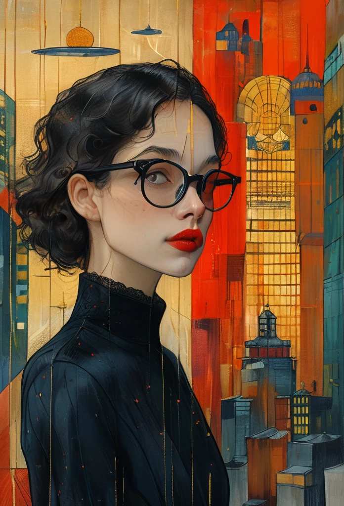 masterpiece,最high quality,Organic Style、Female Wall Street Dealer、Talking on your phone、Black-rimmed glasses、Red lipstick、Wearing a suit from a set、whole body、Diane Dillon Style,The highest masterpiece、high quality、Golden ratio composition、