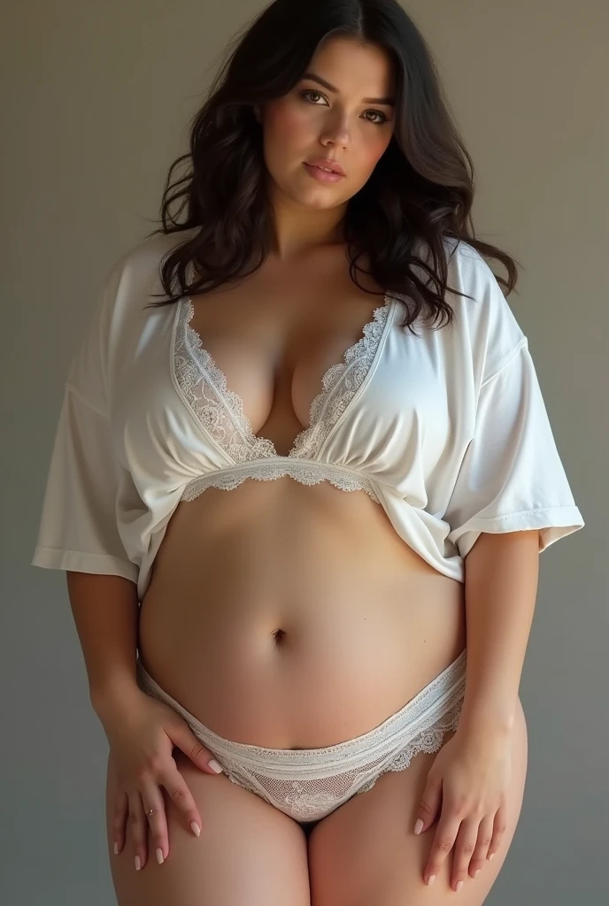 belly protrudes a lot, Severely obese woman, romantic, fond, 8K, realistic, belly fat, very thick waist, I got a lot of belly