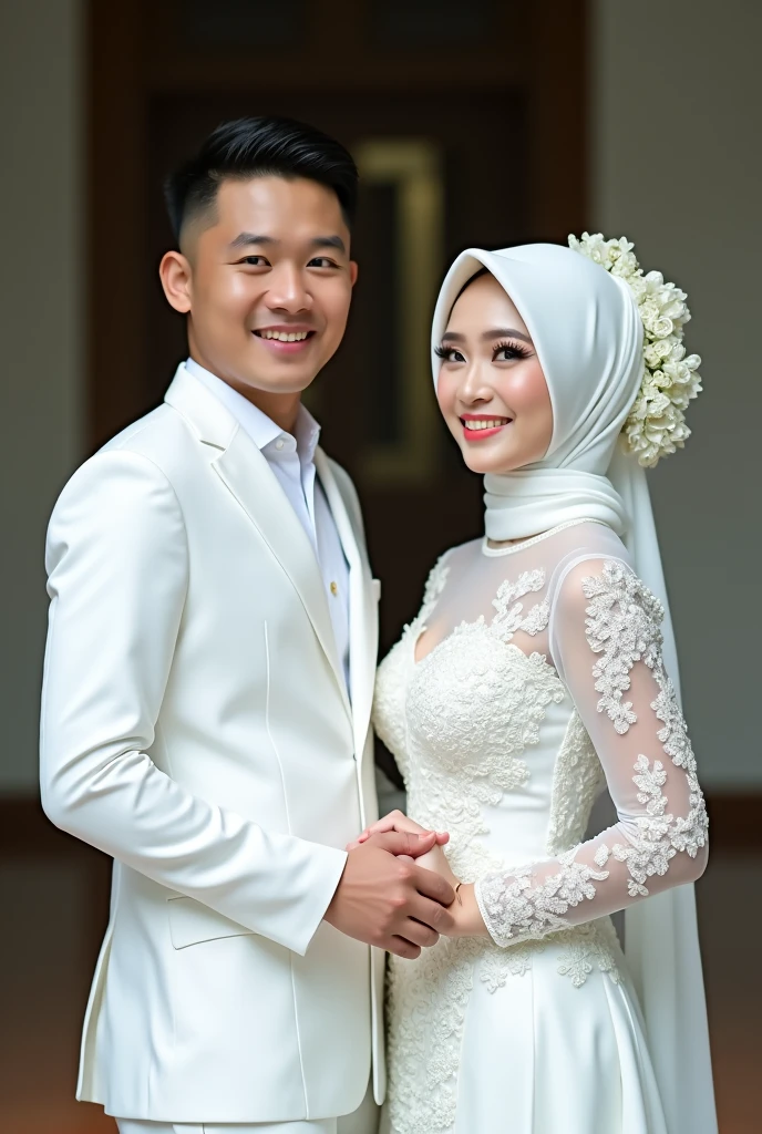 celebrate the wedding anniversary (a handsome man wears a white wedding dress and wears a Malay shirt with a top on his head and wears sampin to be a king for a day) (a beautiful woman wears a white wedding dress, a white veil with a pearl crown on her head) the background looks like beauty nature
