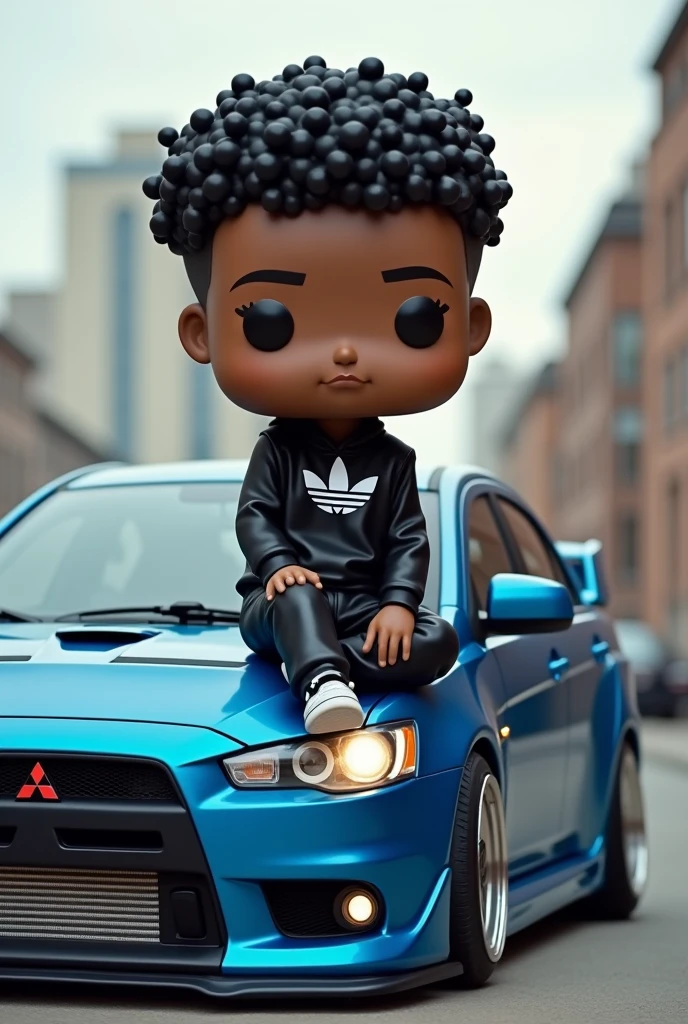 realistic little boy realistic skin black hair wearing thick jacket, t-shirt with beautiful girl motif, red shoes with a little white, blue shorts, standing on a city street at night. The must wear headphones, holding the sn car toy car under one hand. The background should be bright with blurry city lights, providing a dynamic and colorful atmosphere to the scene. super detailed image quality,