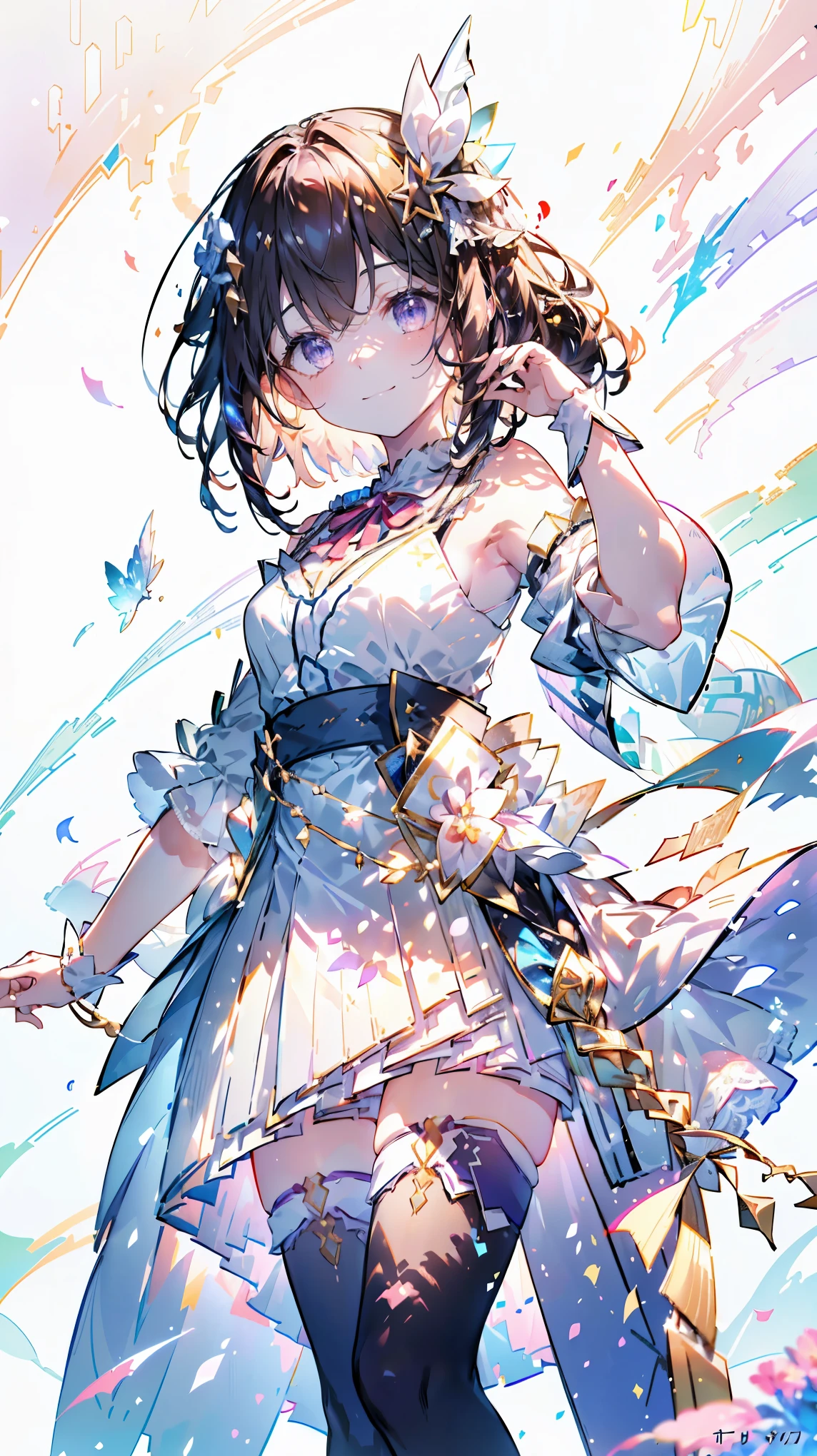 (Highest quality, masterpiece, Very detailedな, Very detailed, Exquisite, 16K,Full HD),(White Background:1.5),A little closer,(Dramatic lighting,pastel colour),smile,(seems to be happy)grab the hem of the dress,sun光,grassland,null(Floating in the air),Soft lighting, ((alone:1.5)),(晴れ渡ったnull,青null,rainbow,sun,午前のnull,sunny),Gentle breeze,Magical Forest,flower,wood,flower畑,葉っぱとflowerびらが舞う,From above,((head shot)),画面いっぱいのflower,(Fairy Princess, Purple eyes, Long eyelashes,White skin,slim,pale pink plump lips,Pale pink cheeks, The wind is blowing,(腰の少しFrom above巨大な妖精の羽:1.5),sunの光に反射した,sunの魔法,flowerのティアラ,Diamond Earrings,Diamond Choker,(Narrow waist,Fluffy white ball gown dress, Lace and frills),(smile:1.2), (Fantasy, Romantic atmosphere:1.2), ts1, white shirt, Blue Vest, sleeveless, blue thighhighs, blue skirt, waist cape, wrist cuffs, leg ribbon, neck ribbon, midriff, breasts