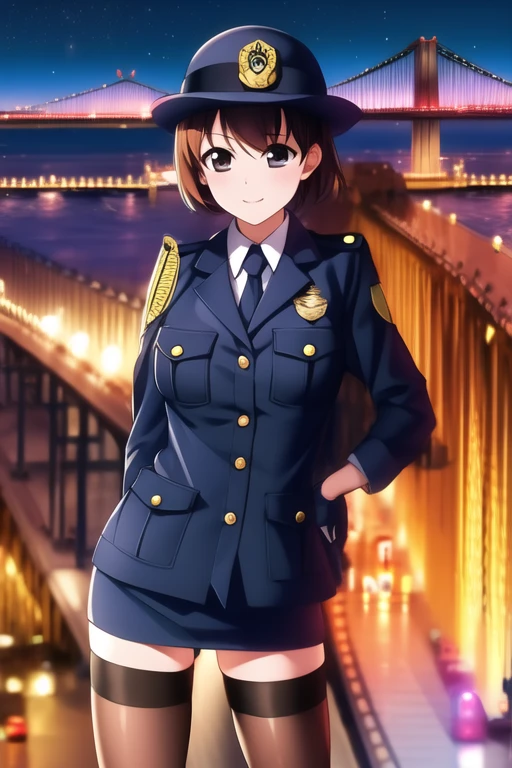 Ultra-high resolution, Ultra-high resolution, Ultra-high resolution, Ultra-high resolution, Beautiful breasts,Female police officer,Japan Police,stockings,Bay Bridge at night,Japan Police車両,Cowboy Shot