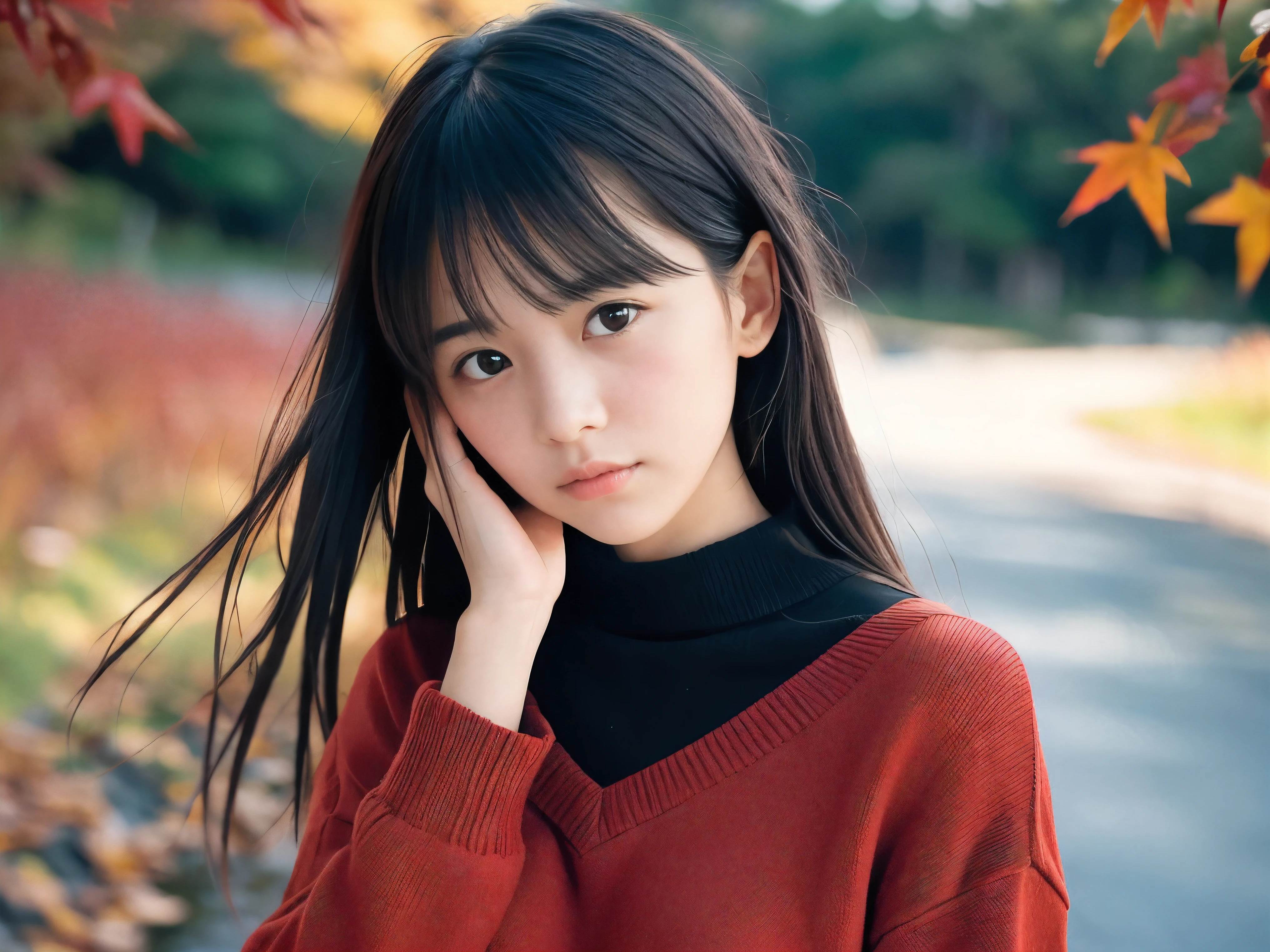 (Close up face shot of one slender small breasts two side up black medium hair with bangs girl in a long sleeves shirt and sweater and skirt:1.5)、(One girl is looking down with lonely crying face on the dart road near the lake and big waterfall in Japan:1.5)、(Beautiful autumn red leaves and sunset red sky landscape:1.5)、(Natural light:1.5)、(blurred background:1.5)、(8k ultra detailed master piece:1.5)、(perfect anatomy:1.5)、(Photorealistic stick:1.5)、(Raw photo:1.3)、(highest quality:1.5)、(High resolution:1.3)、(Delicate and beautiful perfect face:1.3)、(Delicate and beautiful eye air skin:1.3)、(Real Human Skin:1.3)、((thin legs))