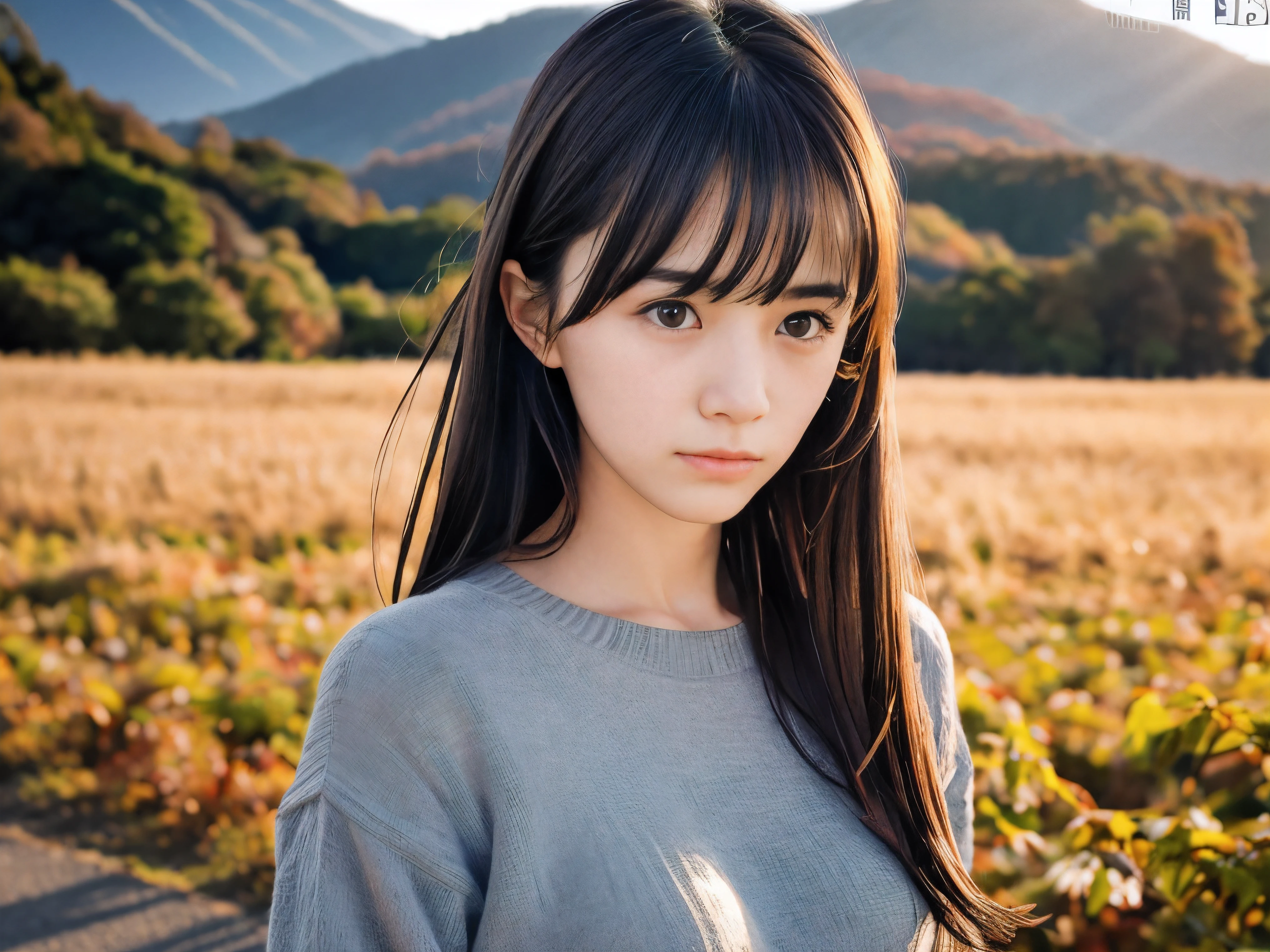 (Close up face shot of one slender small breasts dark silver long hair with swept bangs girl in a long sleeves shirt and sweater and skirt:1.5)、(One girl is looking down with lonely crying face on the dart road near the lake and big waterfall in Japan:1.5)、(Beautiful autumn red leaves and sunset red sky landscape:1.5)、(Natural light:1.5)、(blurred background:1.5)、(8k ultra detailed master piece:1.5)、(perfect anatomy:1.5)、(Photorealistic stick:1.5)、(Raw photo:1.3)、(highest quality:1.5)、(High resolution:1.3)、(Delicate and beautiful perfect face:1.3)、(Delicate and beautiful eye air skin:1.3)、(Real Human Skin:1.3)、((thin legs))