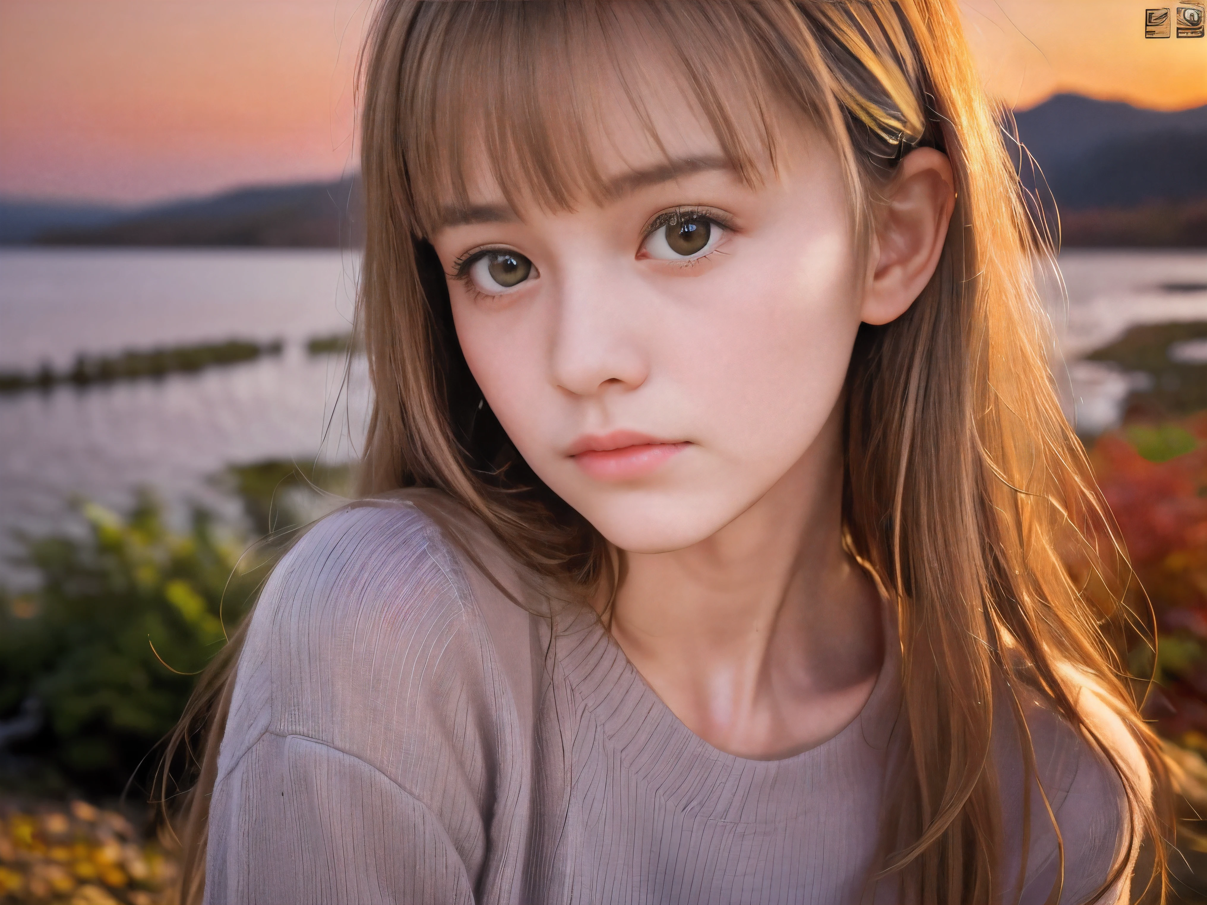 (Close up face shot of one slender small breasts half up blonde long hair with bangs girl in a long sleeves shirt and sweater and skirt:1.5)、(One blonde hair girl is looking down with lonely crying face on the dart road near the lake and big waterfall in Japan:1.5)、(Beautiful autumn red leaves and sunset red sky landscape:1.5)、(Natural light:1.5)、(blurred background:1.5)、(8k ultra detailed master piece:1.5)、(perfect anatomy:1.5)、(Photorealistic stick:1.5)、(Raw photo:1.3)、(highest quality:1.5)、(High resolution:1.3)、(Delicate and beautiful perfect face:1.3)、(Delicate and beautiful eye air skin:1.3)、(Real Human Skin:1.3)、((thin legs))