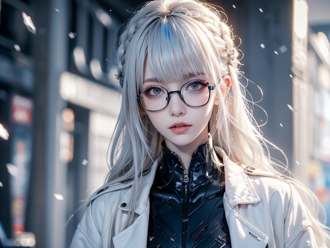 UHD, accurate, ((masterpiece)), ((high details)), high quality, textured skin, high detailed face, Cyberpunk, inhabitant of the digital world, White coat, trench coat, iridescent metal suit, Colorful costumes, backgrounds (Snowy scenery, snowy landscape, snowflakes), ((navy hair)), blunt bangs, expressive hair, Glasses, glasses(Wellington model), Long, slender limbs, Hair-pulling pose