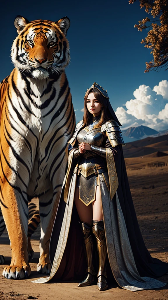 A beautiful girl wearing a cloaked armor, standing next to a tiger, white cloud scene surrounding