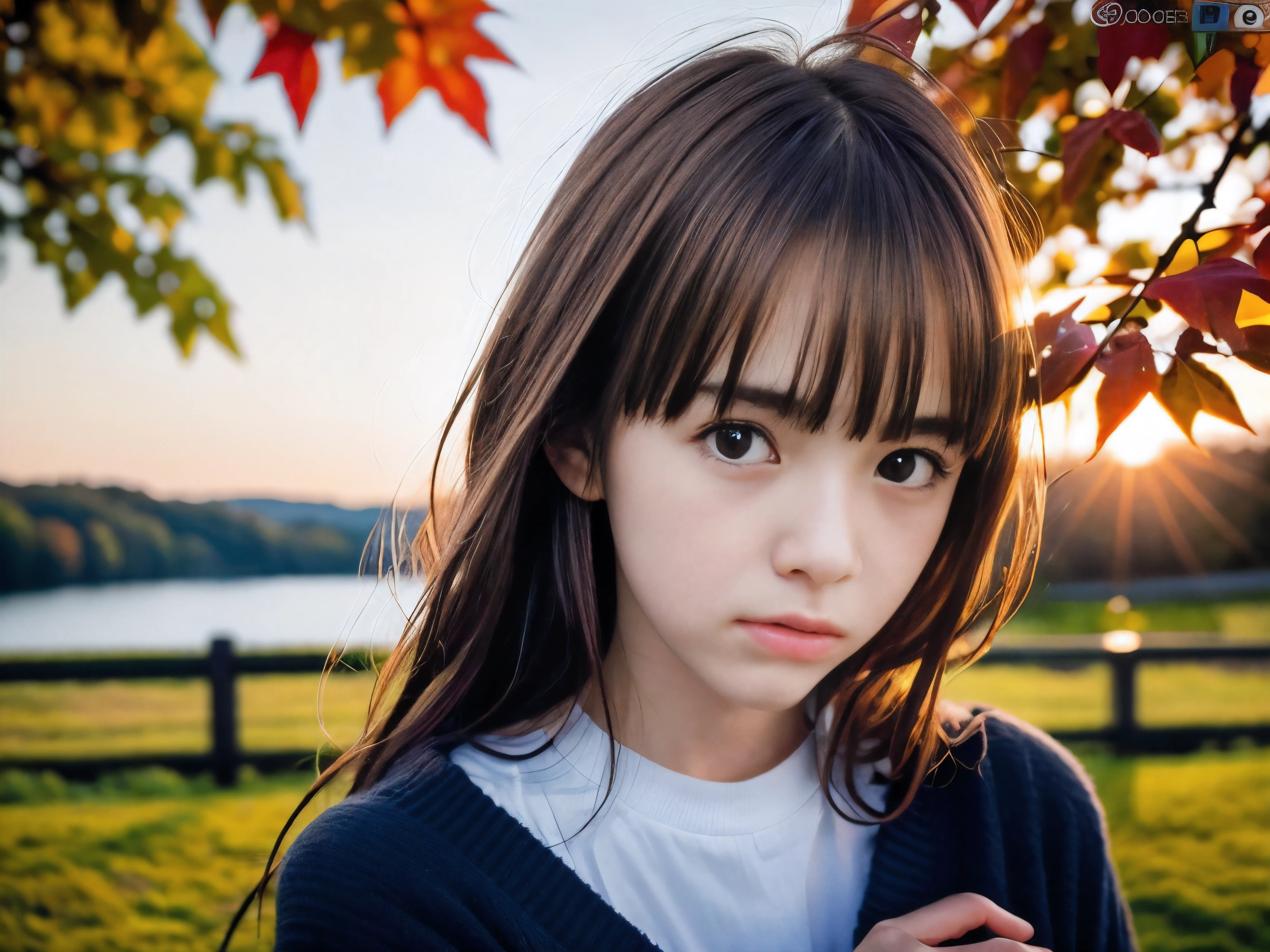 (Close up face shot of one slender small breasts red brown wavy long hair with dull bangs girl in a long sleeves shirt and sweater and skirt:1.5)、(One girl is looking down with lonely crying face on the dart road near the lake and big waterfall in Japan:1.5)、(Beautiful autumn red leaves and sunset red sky landscape:1.5)、(Natural light:1.5)、(blurred background:1.5)、(8k ultra detailed master piece:1.5)、(perfect anatomy:1.5)、(Photorealistic stick:1.5)、(Raw photo:1.3)、(highest quality:1.5)、(High resolution:1.3)、(Delicate and beautiful perfect face:1.3)、(Delicate and beautiful eye air skin:1.3)、(Real Human Skin:1.3)、((thin legs))