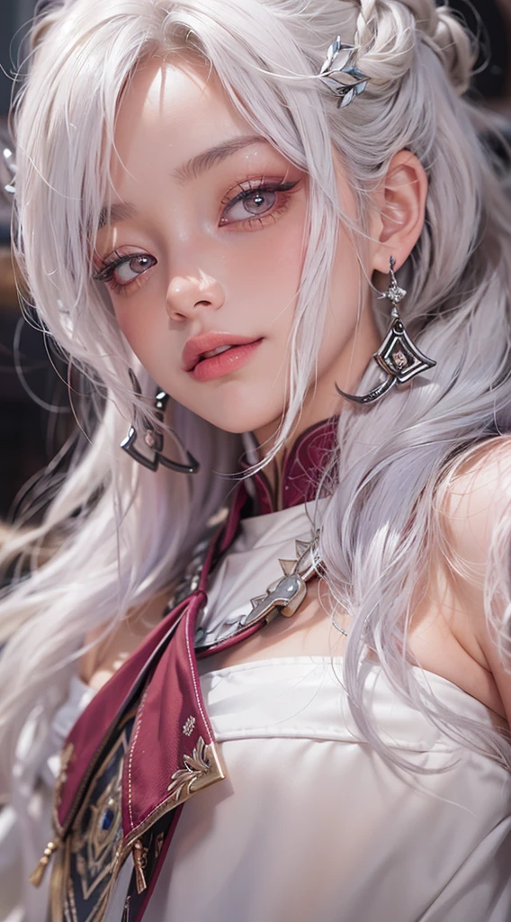 ((Close-up of a woman with tattoos on her chest)), girl, ((long white hair with bangs,, Black strands of hair)), Purple eyes, White T-shirt and white cape, Pendant around the neck. 超High resolution.Realistic. 超High resolution.Realistic:1.4,超High resolution. Realistic,High resolutionで, masterpiece, Highest quality, Very detailed, Better Shadows, Volumetric lighting), super high quality, High resolution, 8k, 超Realisticな肖像画 , Realistic, Dynamic Lighting, Volumetric lighting, Very detailed顔,(Browsing Caution:1.0),Large Breasts