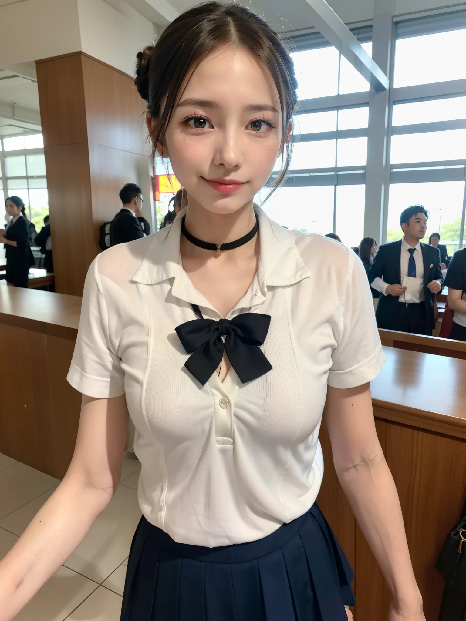 4K,8k,Masterpiece,Realistic),Super Resolution:1.3、Real、(Japanese:1.3)、 RAW Photos、(Realistic:1.7)、looking at the camera、Symmetrical face、(Beautiful face in every detail)、Good looking、Age 25、Japaneseアイドル、Beautiful eyes、Natural Makeup、Cleavage、smile、conductor、train、short hair、See-through、、Wear a white blouse、Show a little underwear、Bold behavior、Sexy Uniform、Uniform cap、Outdoor、Station platform、night、from above:1.5