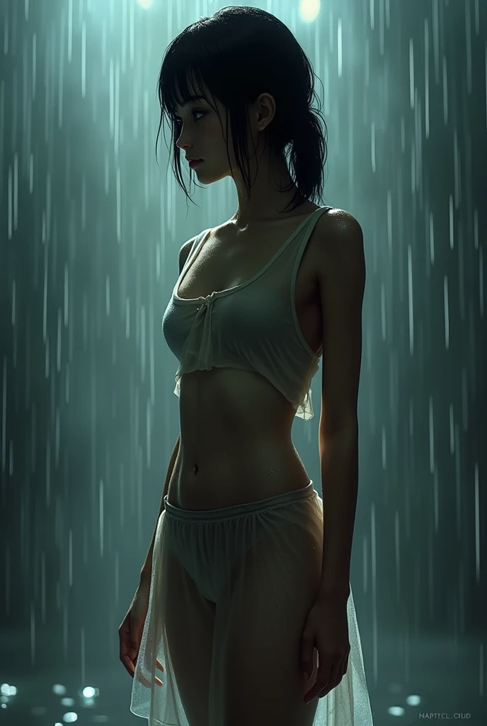 Best picture quality, masterpiece, ultra high resolution, (fidelity :1.4), photo, 1 girl,[(sadness)],white shirt, Dim, dark, desperate, pitying, pitiful, cinematic,tear,teardrop,(Torn clothes:1.5), (Wet clothes:1.4), bare shoulders,Real rain,wet hair,..