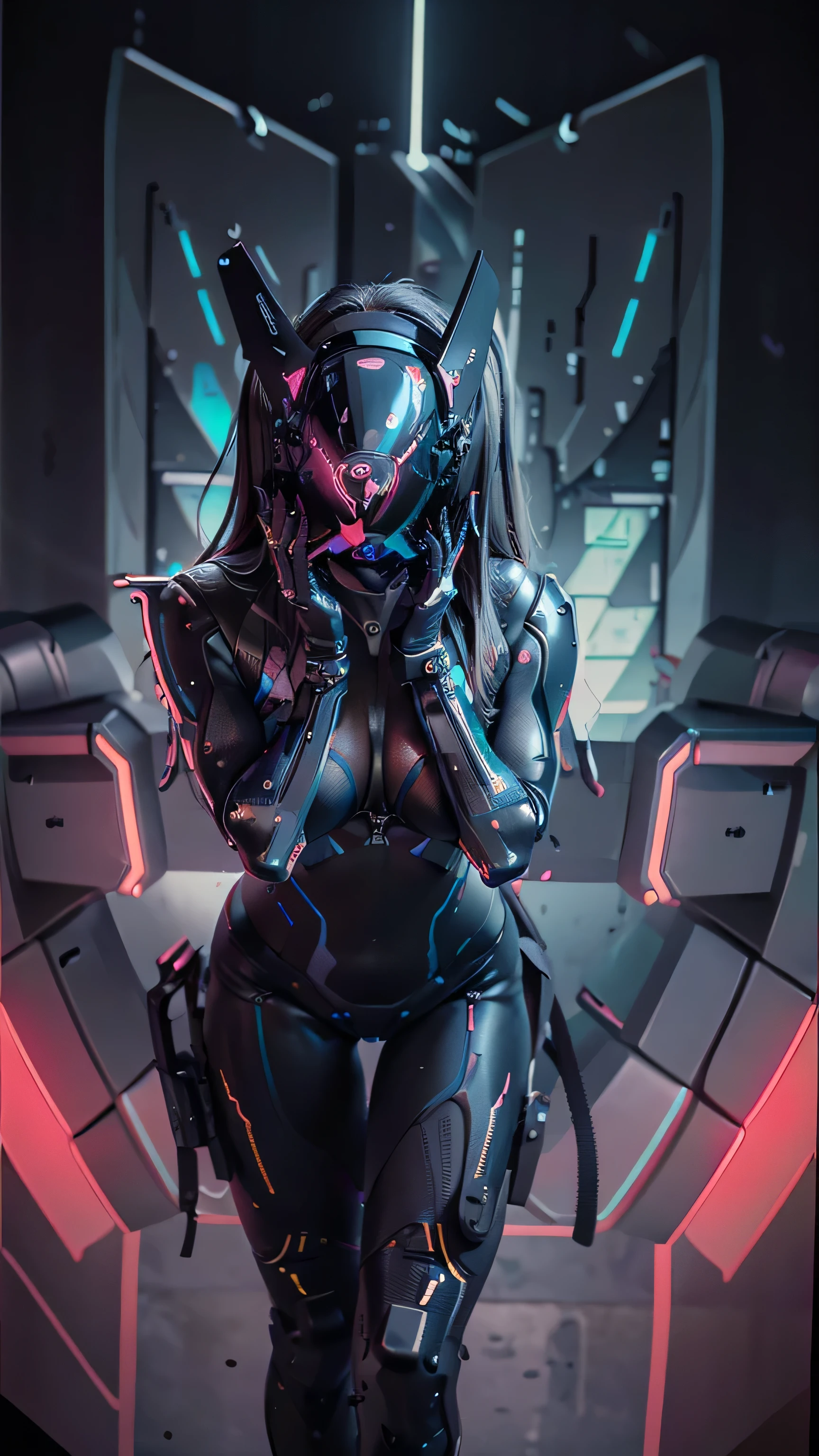 Image 16k, Great [Catwoman | Catwomen], black tight leather biker suit on the body, biker costume, biker gloves, anatomically correct hands, There are 5 fingers on the hands, (big breastes), (slim athletic body), futuristic (All closed cyber helmet) with big cat ears, faceoff, ciberpunk, lascivious, enticing, Tilting, Tilting, sexypose, Top view, (against the background of a night neon cybernetic city), Detailed digital art, Cybernetics, Detailed palms, detailed biker gloves, glowing neon inserts on the suit, neon helmet visor, neon inscriptions in cybernetic language on the helmet, glowing neon symbols, hair is not visible on the head
