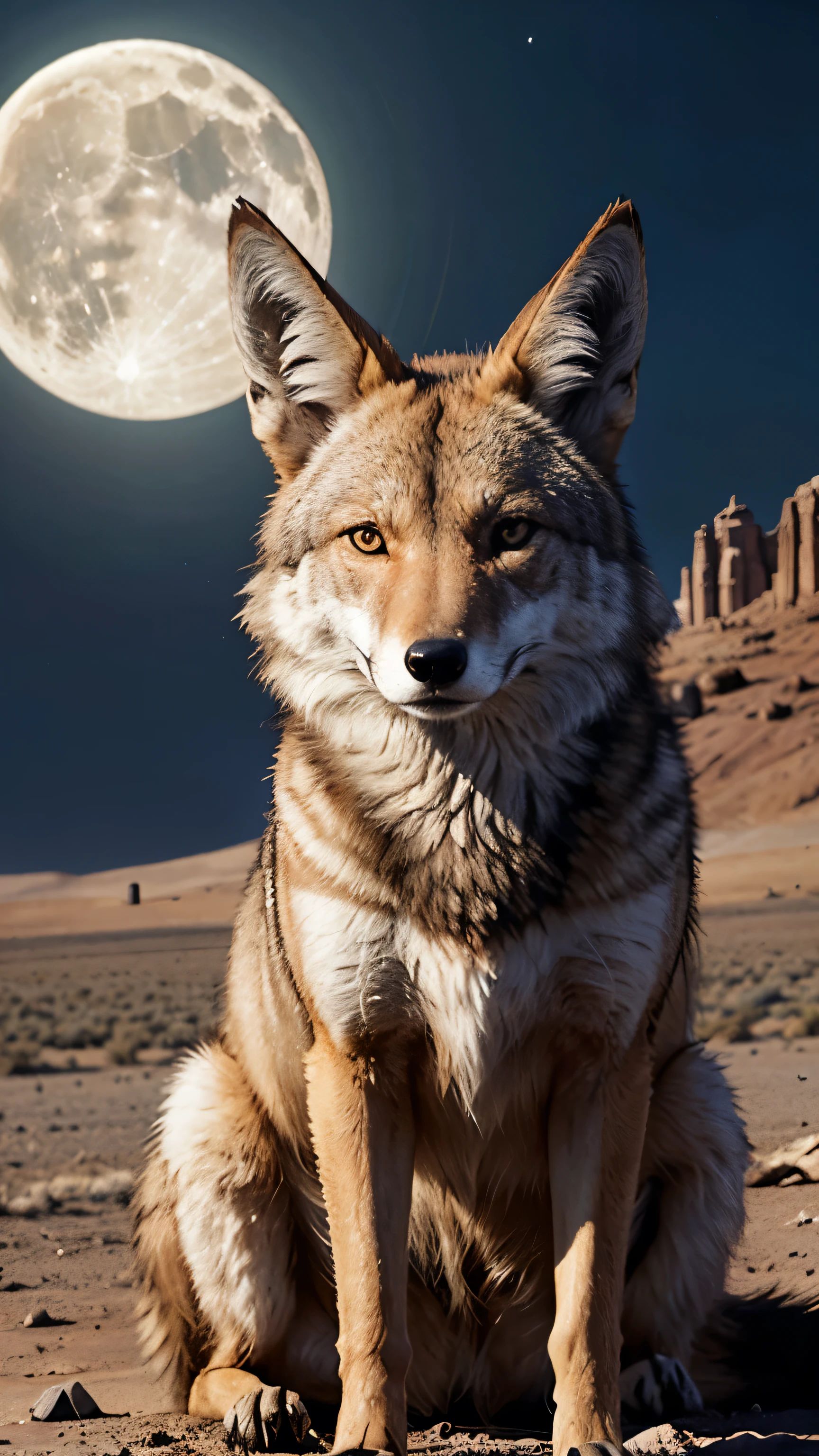 Create a high-resolution, realistic, cinematic image of a coyote with penetrating eyes in an imposing pose, in a desert setting, with a huge bright moon in the background.