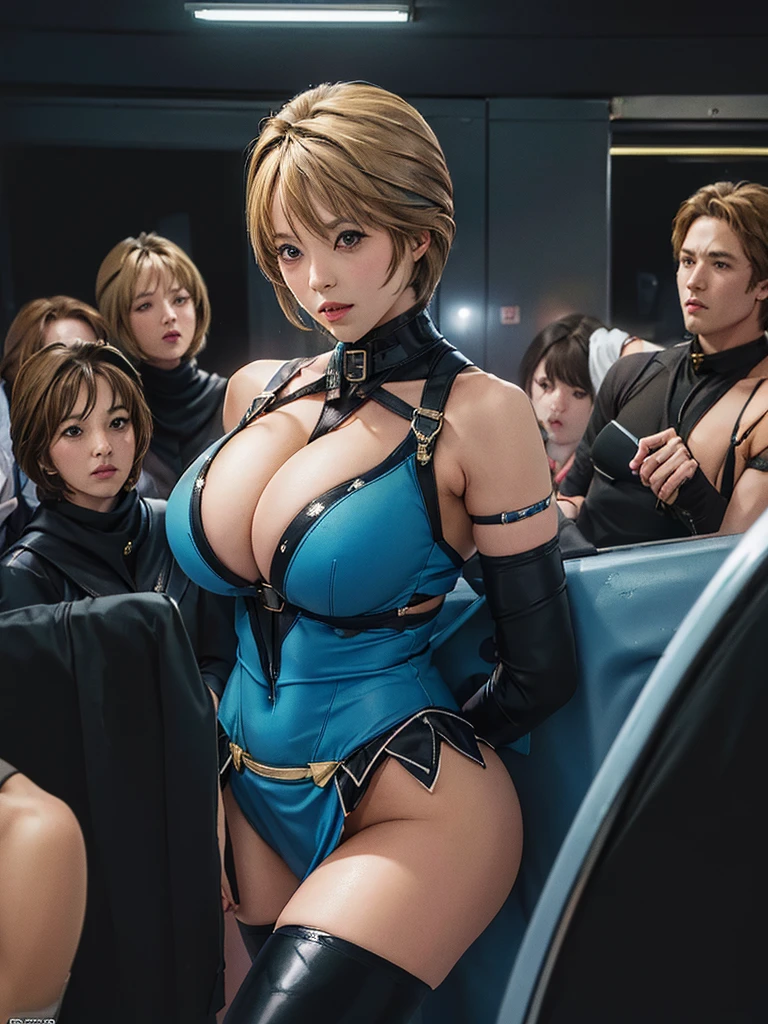 takamori haruka、最high quality、high quality,, ((Masseter muscle area)), ((High resolution)), ((最high quality)), detailed, ((Glowing Skin)), (Blue Bondage, Black hot pants, Blue long boots), Voluptuous bust, exposed navel, Bowl-shaped big breasts, (View from the front、Looking at the audience:1.5)、((background:In a crowded train:1.4))