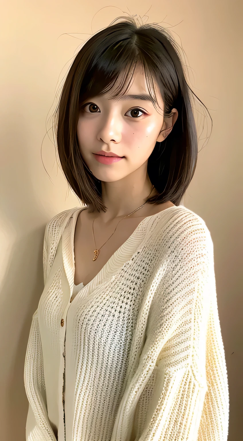 (best quality、8K、32K、masterpiece、Reality:1.4、Hum:1.2)、Cute photos of Japanese women、Large target:1.4、Super Short Bob Hairstyle、Especially the upper body、Face Focus、Extra Large_sweater、necklace、Simple background、from above、Looking at the audience、cleveage:1.5、Balanced body、Adult clothing、Put on your jacket、Young girl in her 20s、Beige wall background、indoor、Soft lighting、Straight Hair、Light brown hair with visible neck、Hair length short to&#39;Shoulder-length、Remove the earrings