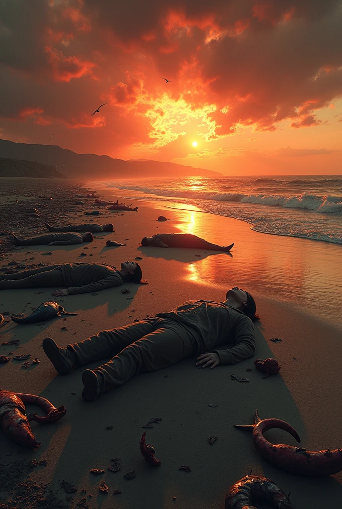 Two women lying on the ground, there are many people watching around, there are police, police, the background is the beach, eerie atmosphere, depth of field, super wide angle