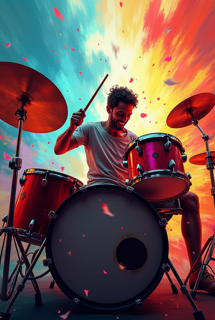 A work of art that has to do with music a musician drummer, color and many musical notes running through his body