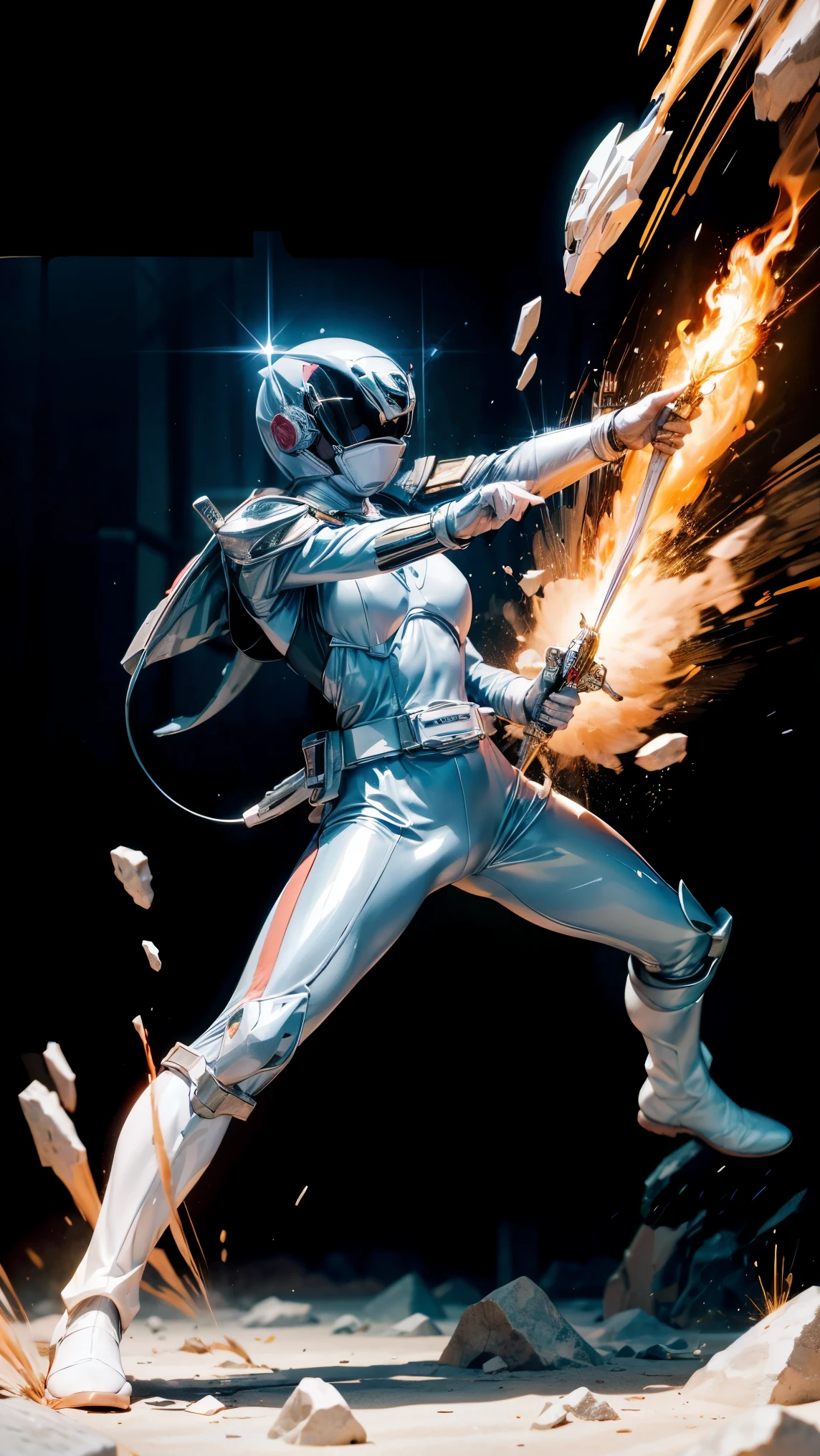 1girl, white, full body, illustration, Cinema-grade lighting, high resolution, best quality, very detailed, Masterpiece, power suit, Power Rangers, suit, speed, (silver royal guard ranger suit), Gold Details, holding white pistol, flow, Light armor,  martial arts, dynamic, flame, particle