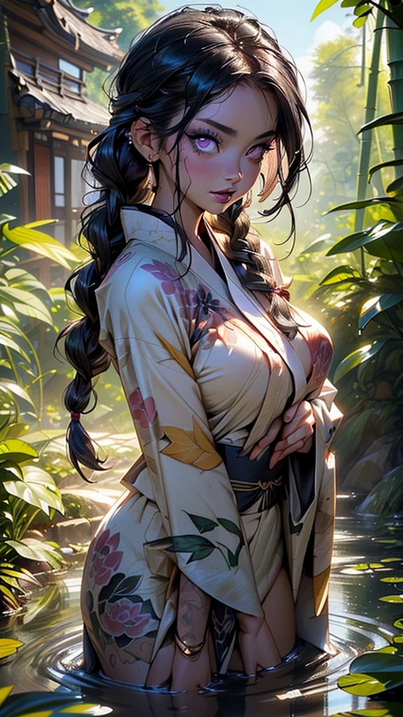 kimono girl,(1girl),((cute and beautiful black haired girl)),

(large breasts:1.4),saggy breasts,(((black wavy hair:1.35,absurdly long unkempt hair,messy hair,colored inner hair,ear breathing))),(((purple_eyes:1.3))),intricate eyes,beautiful detailed eyes,symmetrical eyes,((fat)),(((lustrous skin:1.5,bright skin: 1.5,skin tanned,shiny skin,very shiny skin,shiny body,plastic glitter skin,exaggerated shiny skin,illuminated skin))),(spider lower abdomen,narrow waist,wide hip,athletic body,inflated legs, thick thighs,detailed body,(detailed face)),

cute,slutty,erotic,((nsfw)),

(((kimono,half-naked kimono:1.5)),(((color palette limited to purple y black))),(((wet clothes))),((bare legs, bare foots, bare shoulders)),

dynamic pose:1.0,embarrassed,(centered,scale to fit dimensions,Rule of thirds),

outdoors,(waterfall,bamboo,river,bamboo forest,japanese temple,red lanterns burning,temple in the forest,mossy stairway in the temple,dilapidated temple,bamboo sanctuary,),scenery,extremely scenery,(puddles everywhere,moss,moss on the background),clouds,lily pads,(sunset, golden hour),

(Glossy japan ornaments),highres,sharp focus,(ultra detailed,extremely detailed),(photorealistic artwork:1.37),(extremely detailed CG unity 8k wallpaper),(((vibrant colors,vibrant theme))),(intricate),(masterpiece),(best quality),artistic photography,(photography taken by sldr),(intricate background),perfect rendered face,perfect face details,realistic face,photo realistic,((intricate detail)),(((realism))),
