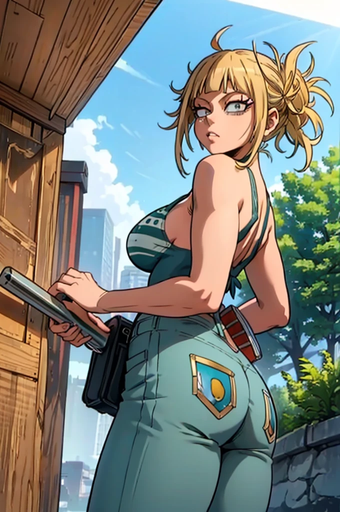 Masterpiece, best quality, intricate details, Himiko Toga - My Hero Academia, cute sexy blonge girl, Nami (Post Time Skip) Outfit, green swimsuit with white stripe, blue jeans