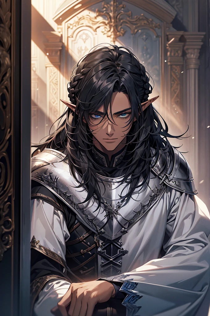 (a male knight in sliver armor), handsome, a giant gate of castle behind him, light from the sky, half body, long hair, braid hairstyle, dark skin, black hair, blue eyes, elf ears, chiaroscuro, cinematic lighting, god rays, ray tracing, reflection light, ((close-up)), masterpiece, best quality, high quality, high details, highest, accurate, anatomically correct, textured skin, UHD, 1080P
