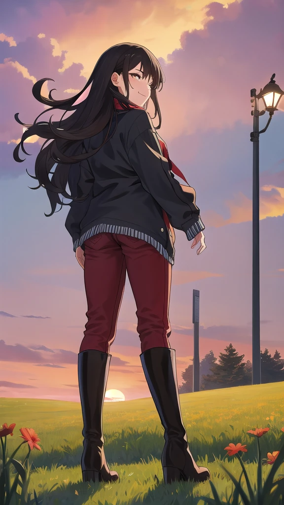 "A towering giantess with a cool, relaxed hippie style.、Rocking a crop top and baggy pants。. Her toned and athletic physique、suggests her mighty power。. It seems like you are casually strolling through the lively streets of GTS City., With towering buildings towering overhead、. Smoke and clouds swirl around her, Further heightening the sense of epic scale and drama. 照明がdark, dark, and realistic, create a tense and eerie atmosphere. The view is from below, Emphasize the majesty and power of giants."、camel toe、huge tit、Nipple Puffs、cleavage、Plump、Super big breasts、super big butt