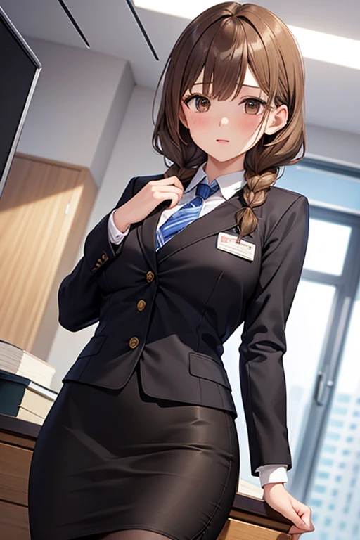 masterpiece, best quality, 1 girl, solo, ager, large breasts, light brown eyes, bangs, brond hair, braids hair, office staff suit, jacket, pencil skirt, upper body, standing, office. nsfw1.9