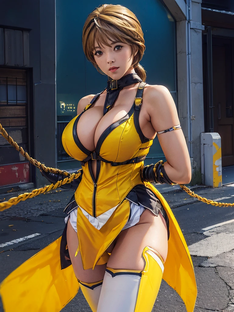 takamori haruka、最high quality、high quality,, ((Masseter muscle area)), ((High resolution)), ((最high quality)), detailed, ((Glowing Skin)), (Yellow Bondage, Black hot pants, White long boots), Voluptuous bust, exposed navel, Bowl-shaped big breasts, (View from the front、Looking at the audience:1.5)、((background:On the streets of the city:1.4))