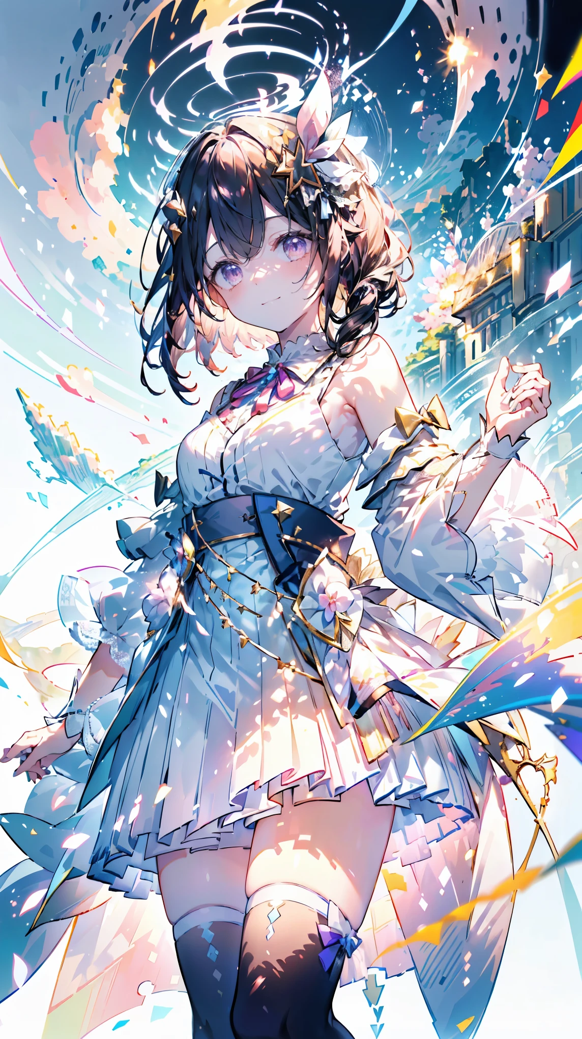 (Highest quality, masterpiece, Very detailedな, Very detailed, Exquisite, 16K,Full HD),(White Background:1.5),A little closer,(Dramatic lighting,pastel colour),smile,(seems to be happy)grab the hem of the dress,sun光,grassland,null(Floating in the air),Soft lighting, ((alone:1.5)),(晴れ渡ったnull,青null,rainbow,sun,午前のnull,sunny),Gentle breeze,Magical Forest,flower,wood,flower畑,葉っぱとflowerびらが舞う,From above,((head shot)),画面いっぱいのflower,(Fairy Princess, Purple eyes, Long eyelashes,White skin,slim,pale pink plump lips,Pale pink cheeks, The wind is blowing,(腰の少しFrom above巨大な妖精の羽:1.5),sunの光に反射した,sunの魔法,flowerのティアラ,Diamond Earrings,Diamond Choker,(Narrow waist,Fluffy white ball gown dress, Lace and frills),(smile:1.2), (Fantasy, Romantic atmosphere:1.2), ts1, white shirt, Blue Vest, sleeveless, blue thighhighs, blue skirt, waist cape, wrist cuffs, leg ribbon, neck ribbon, midriff, breasts