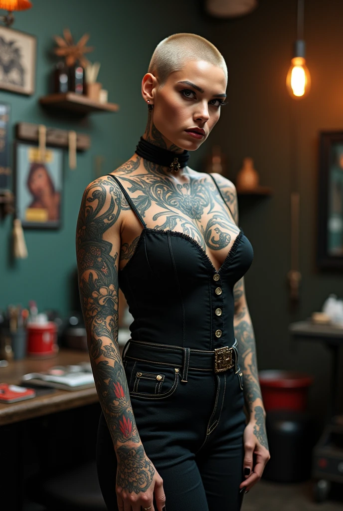 Photo réaliste,8k, femme visage fin, tatouage, allongé,lunette noir, décolleté ,tres grosse poitrine ,tire chemisier ,20 ans,regarde objectif,rousse, pigments peau , sourire, appartement style industriel,grosse fesse apparente
