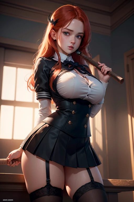 (masterpiece:1.4, best quality:1.4), illustrations, (solo:1.2), (original), (very detailed wallpaper), photographic reality, (ultra detailed:1.4), (super complex details), ((Magazine cover-style:1.4)nami \(one piece\),makima \(chainsaw man\), best quality, ultra detailed, 1girl, solo, standing, red hair, long braided hair, golden eyes, bangs, medium breasts, white shirt, necktie, stare, smile, (evil:1.2), looking at viewer, (interview:1.3), (dark background, chains:1.3)