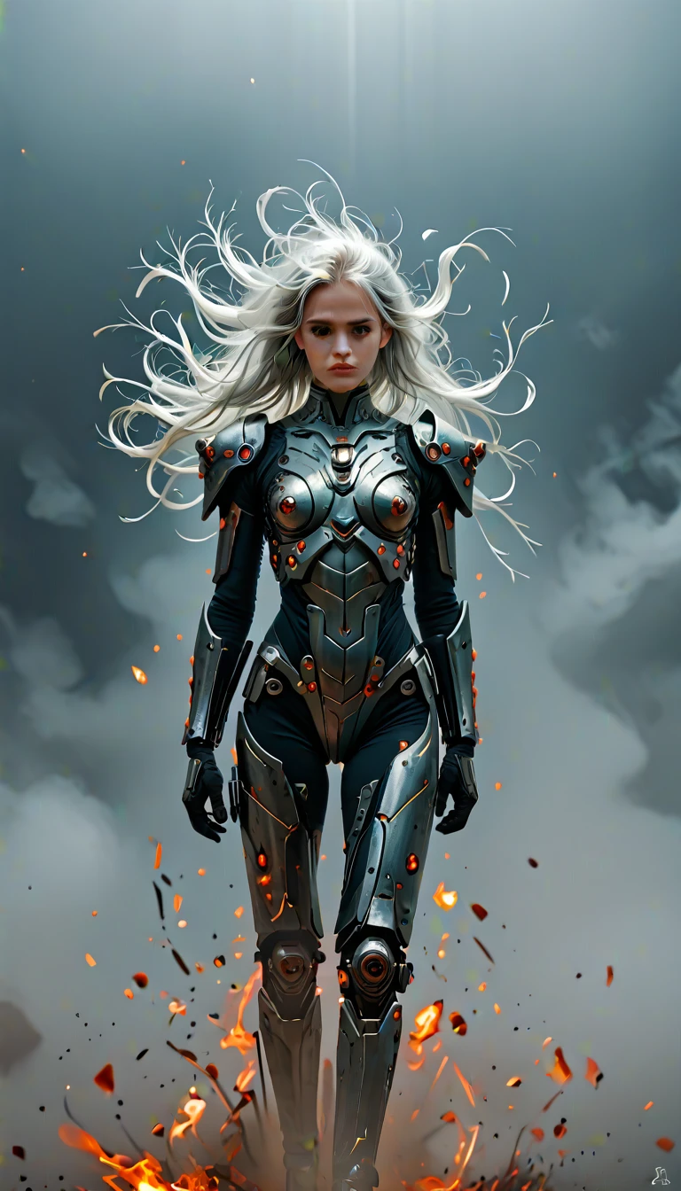 Medium angle shot capturing the sharp, angled gaze of a beautiful mecha woman with long flowing silver hair, set against a gritty, dystopian cityscape. Her green metallic mechanical exoskeleton armour suit , intricately detailed with sleek black accents, gleams with precision. Flying ember sparks drift through the smoky, hazy background, adding to the tension of the scene. The image is captured in high definition with ultra-detailed, photorealistic quality (1.5), rendered in 8K UHD. Warm sidelight casts dramatic contrast across her features, emphasizing the textures of the metal and enhancing the depth. Shot with an angular lens for dynamic composition, every detail is tack sharp, delivering a masterpiece-level image (1), infused with a surreal yet realistic feel.