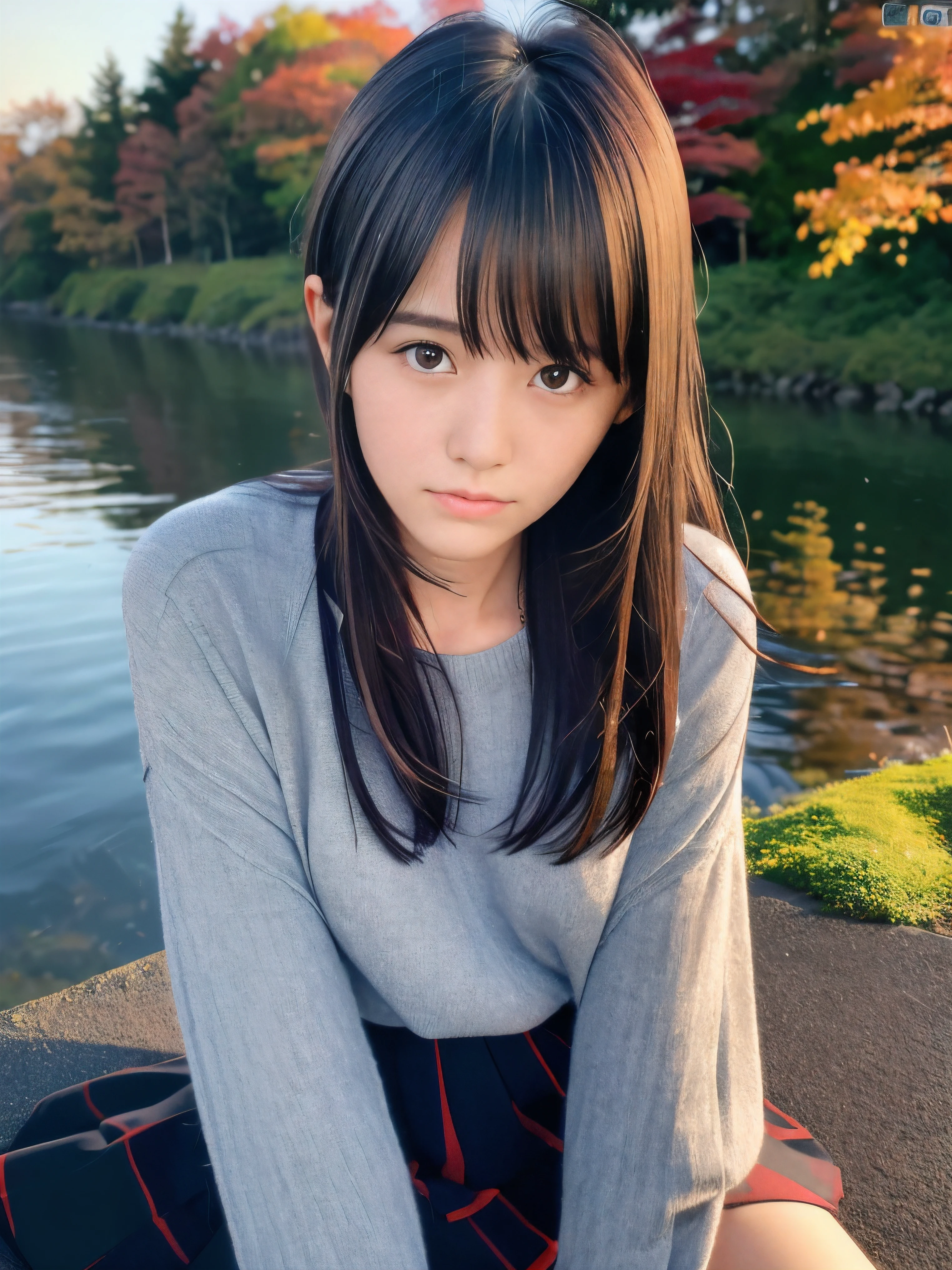 (Close up face shot of one slender small breasts dark silver long hair with swept bangs girl in a long sleeves shirt and sweater and skirt:1.5)、(One girl is looking down with lonely crying face on the dart road near the lake and big waterfall in Japan:1.5)、(Beautiful autumn red leaves and sunset red sky landscape:1.5)、(Natural light:1.5)、(blurred background:1.5)、(8k ultra detailed master piece:1.5)、(perfect anatomy:1.5)、(Photorealistic stick:1.5)、(Raw photo:1.3)、(highest quality:1.5)、(High resolution:1.3)、(Delicate and beautiful perfect face:1.3)、(Delicate and beautiful eye air skin:1.3)、(Real Human Skin:1.3)、((thin legs))
