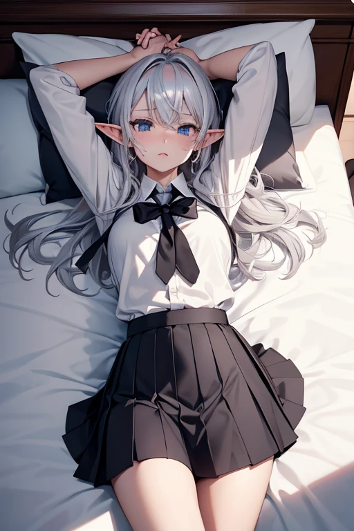 Elf, Silver Hair, At the bed, Lying down, Bind your hands with a rope, Raise both hands high, Silver Hair, school uniform, White shirt, skirt,   Open your mouth,  Crying face, Spread your legs